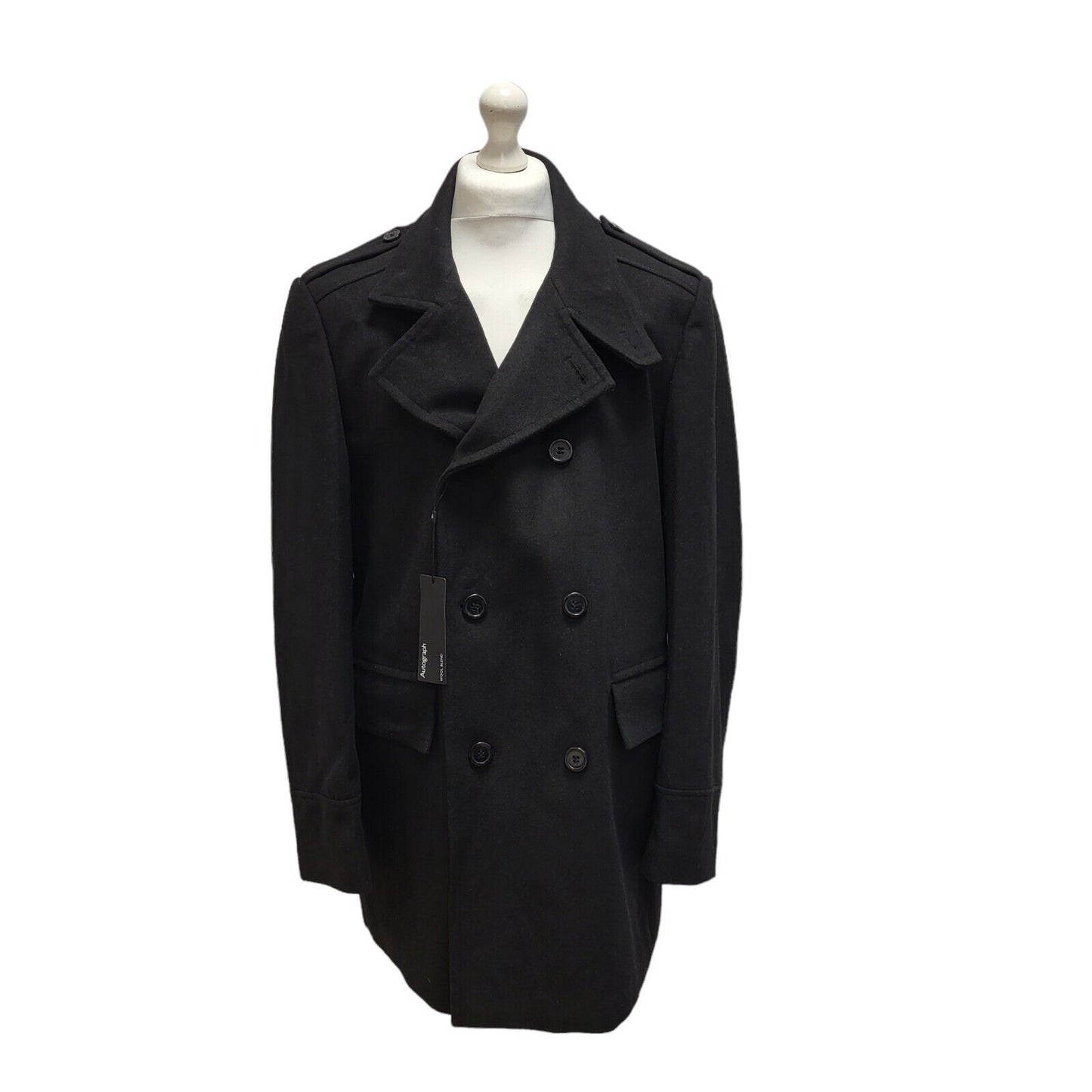 Autograph Black Button Wool Collared Overcoat Uk Men's Size Large Bnwt BB310
