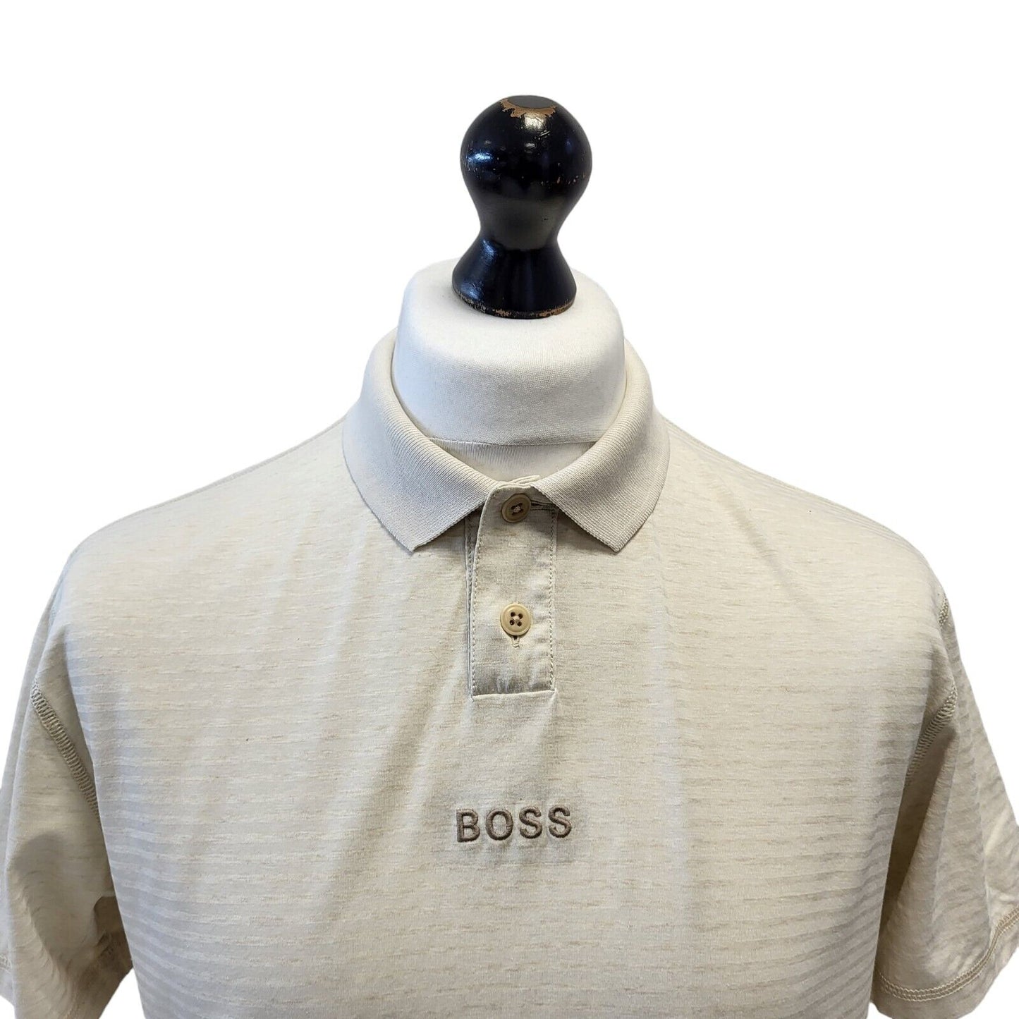 Hugo Boss Polo Top Cream Striped Short Sleeve Mens Size Uk Small G562
