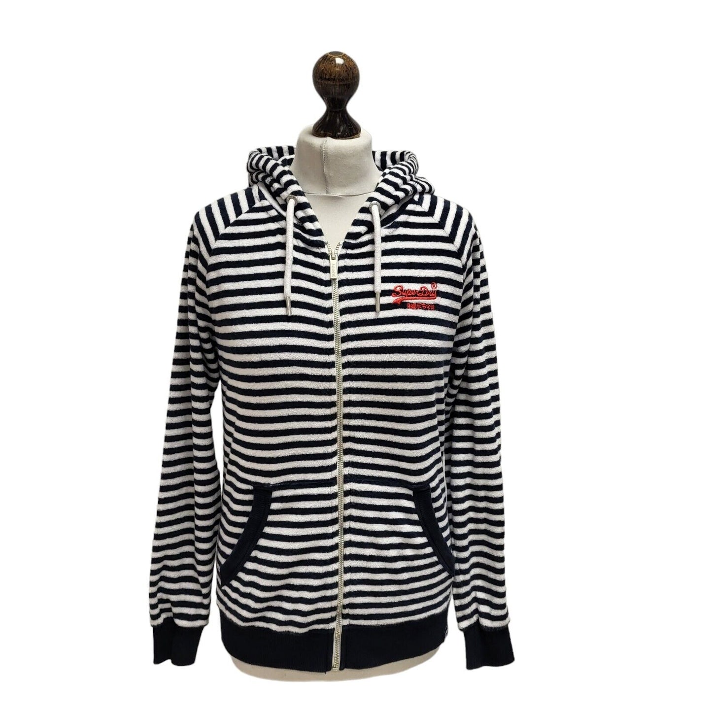 Superdry Hoodie Full Zip Blue White Striped Uk Women's Size 12 G418