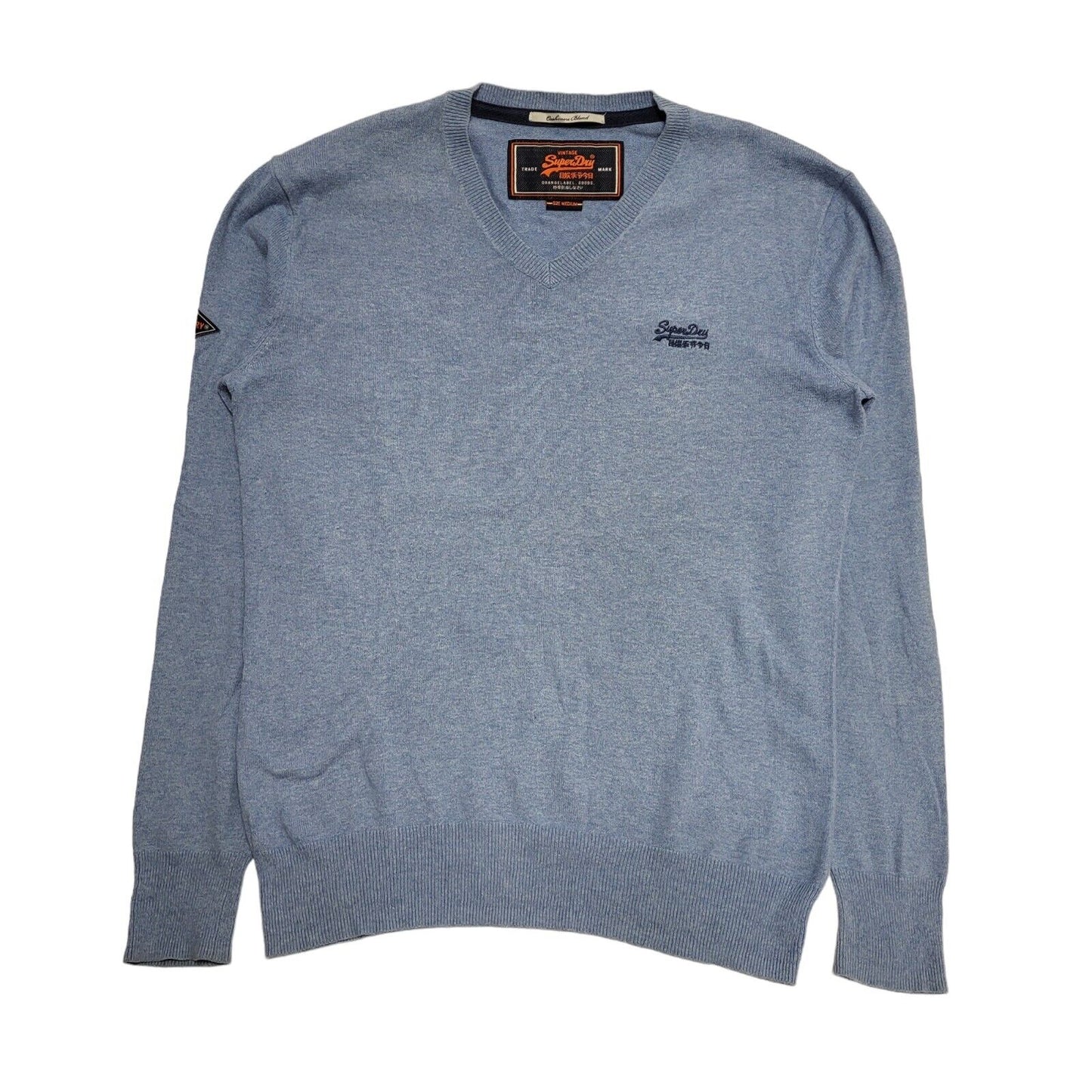 Superdry Blue Thin Knit V-Neck Cotton Cashmere Jumper uk Men's Medium H744