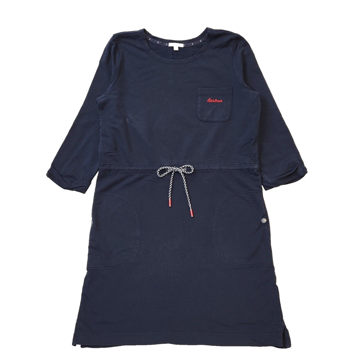 Vintage Barbour Navy Blue 3/4 Sleeve Drawstring Cotton Dress Women's L 12 H119