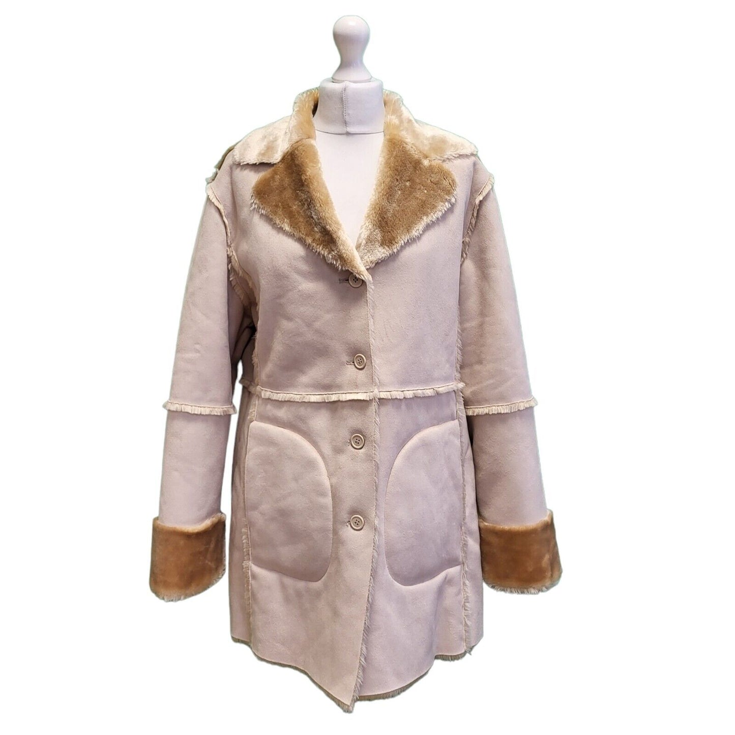 Marks & Spencer Beige Faux Fur Long Sleeve Coat Women's L 14 eu 42 G851