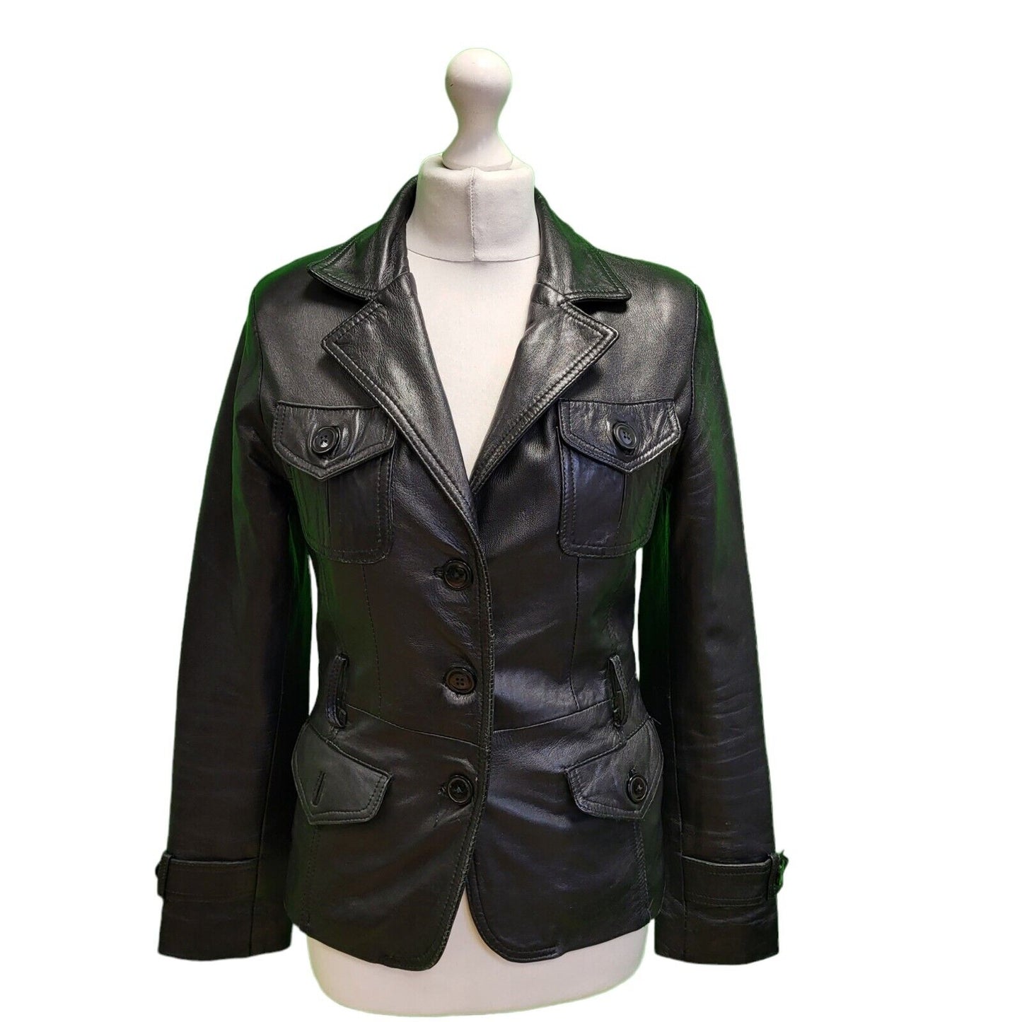 Avia Trix Black Button Leather Collared Jacket UK Women's Small H721