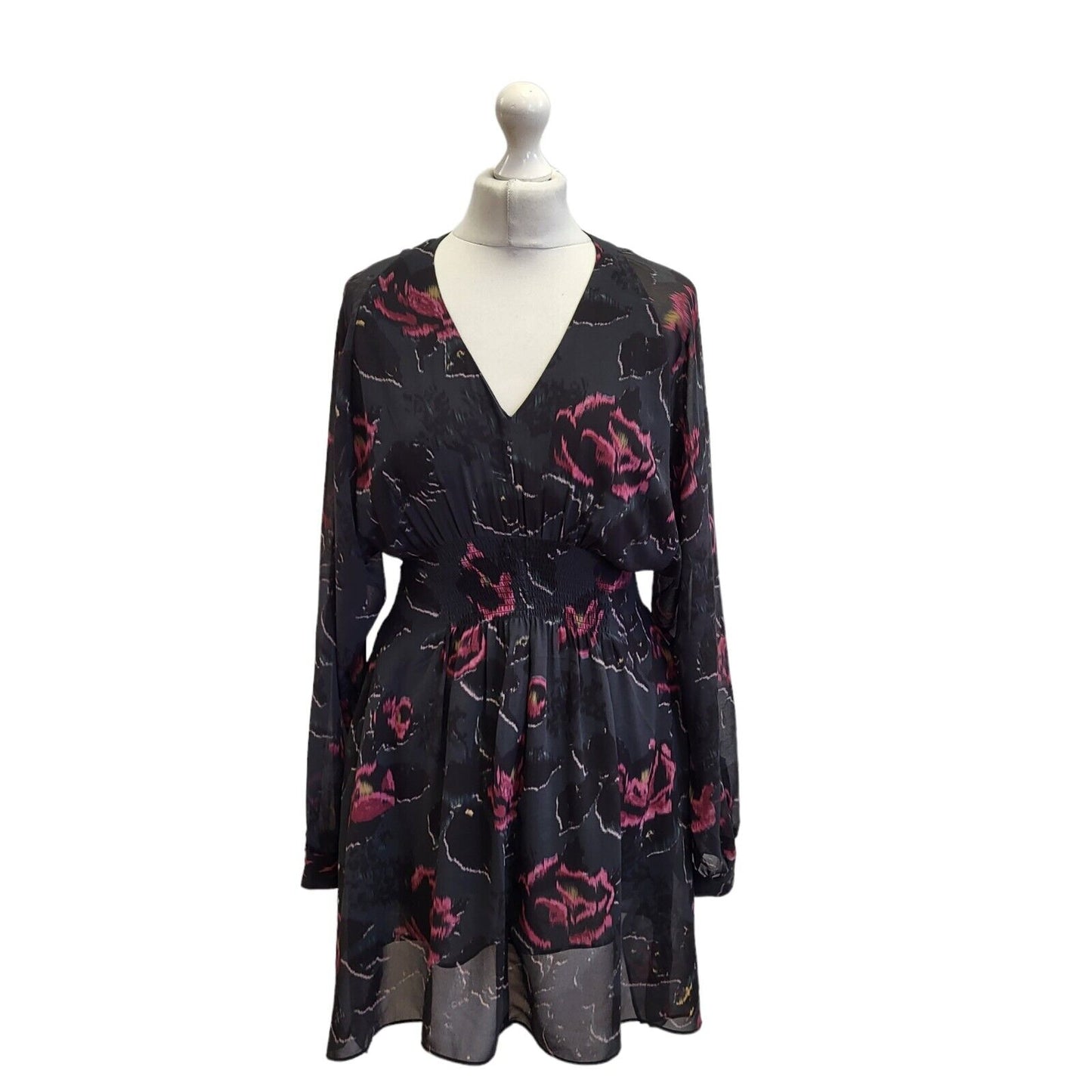 Allsaints Black Purple Floral Long Sleeve Summer Dress Uk Women's XS Eu 34 G115