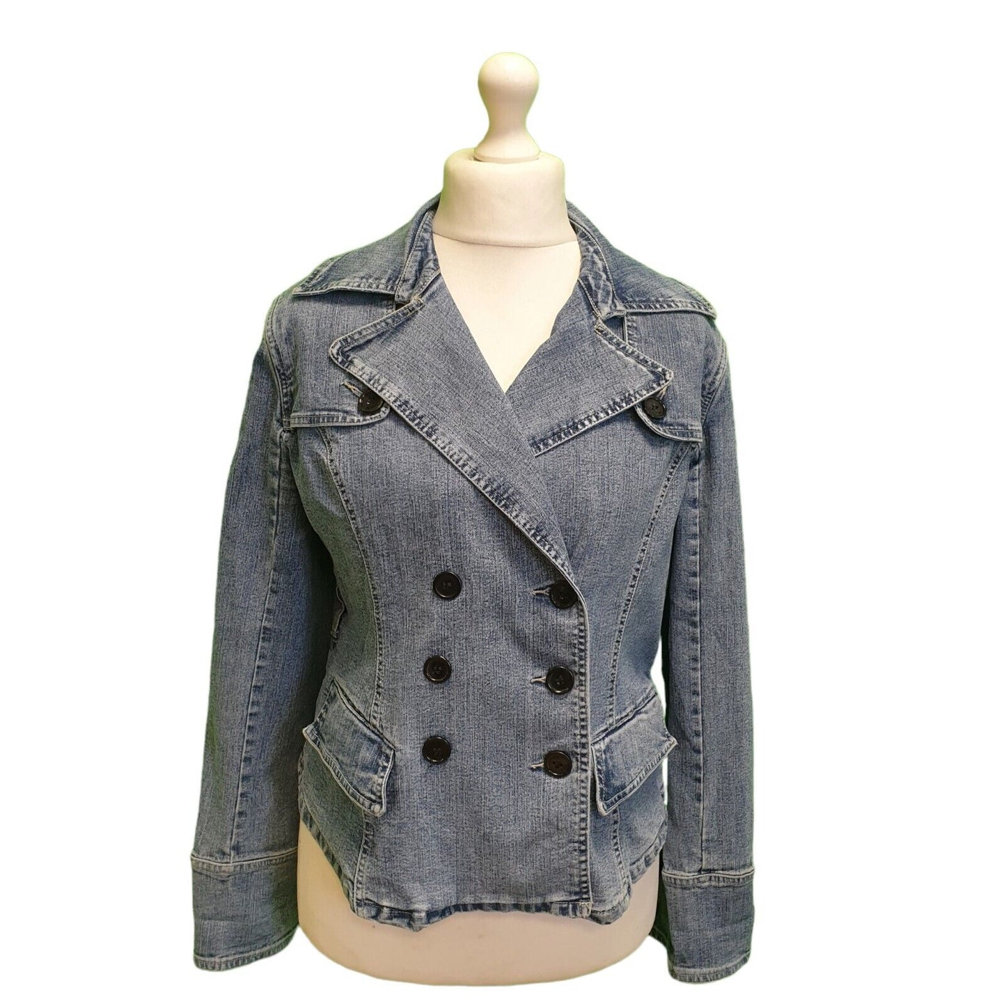 Cafe Theatre Blue Double Breasted Stretch Denim Jacket UK Women's 16-18 H788
