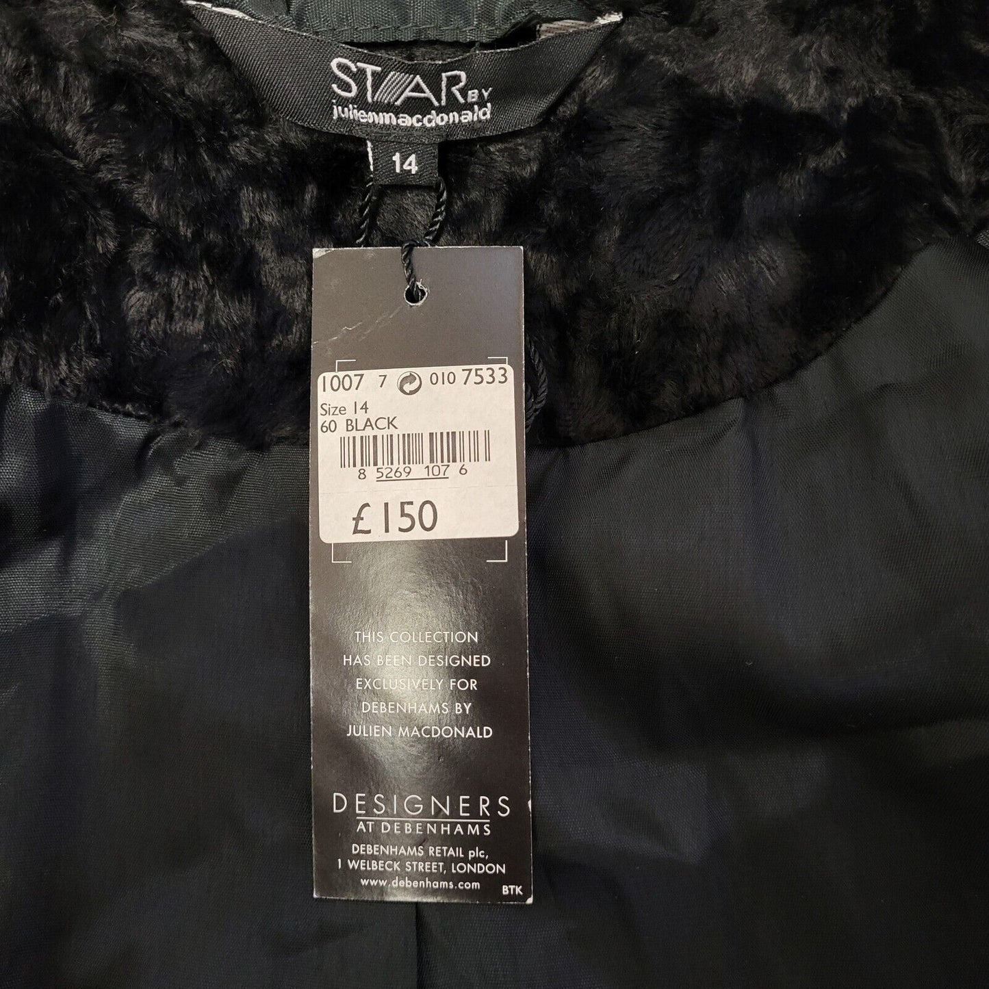 Star Julie Macdonald Black Button Belted Coat UK Women's 14 Bnwt BB320