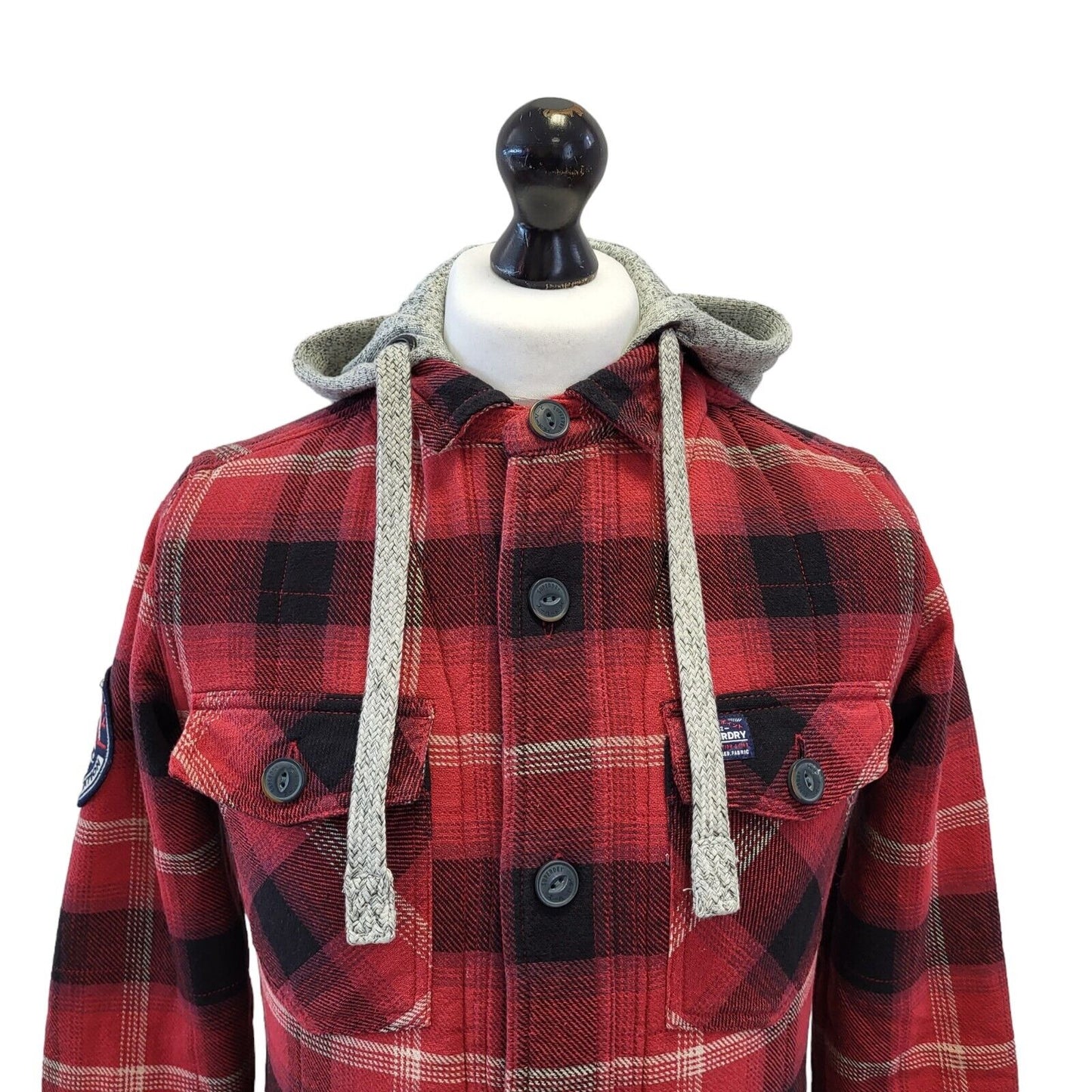 Superdry Red Black Check Zip & Button Hooded Jacket Uk Men's Small G508