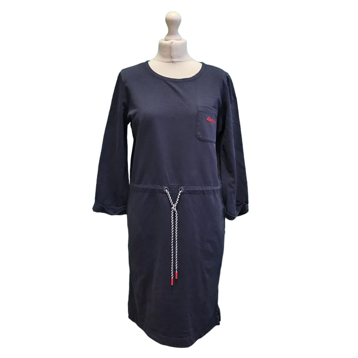 Vintage Barbour Navy Blue 3/4 Sleeve Drawstring Cotton Dress Women's L 12 H119