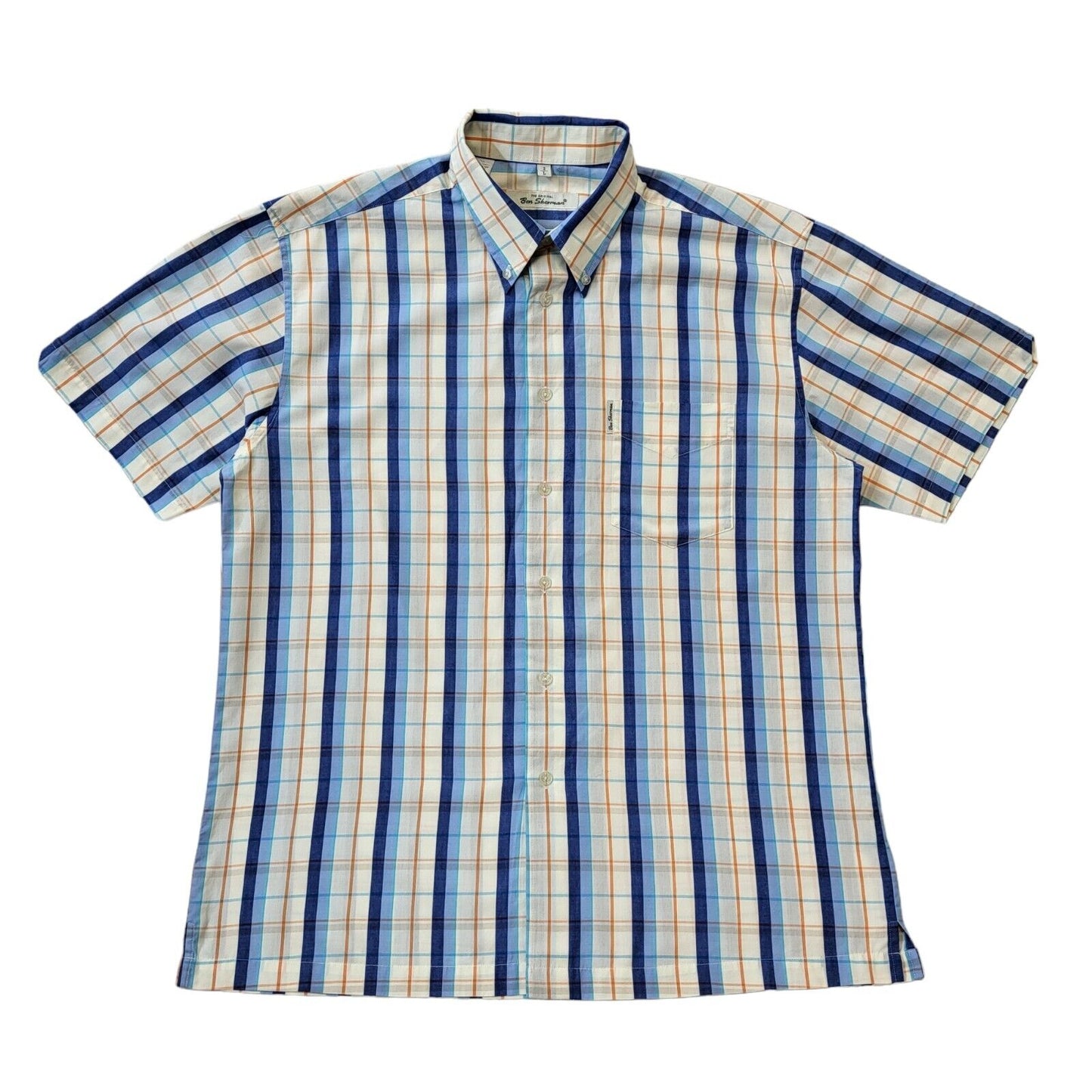 Ben Sherman Blue Cream Check Short Sleeve Shirt Uk Men's Large G601