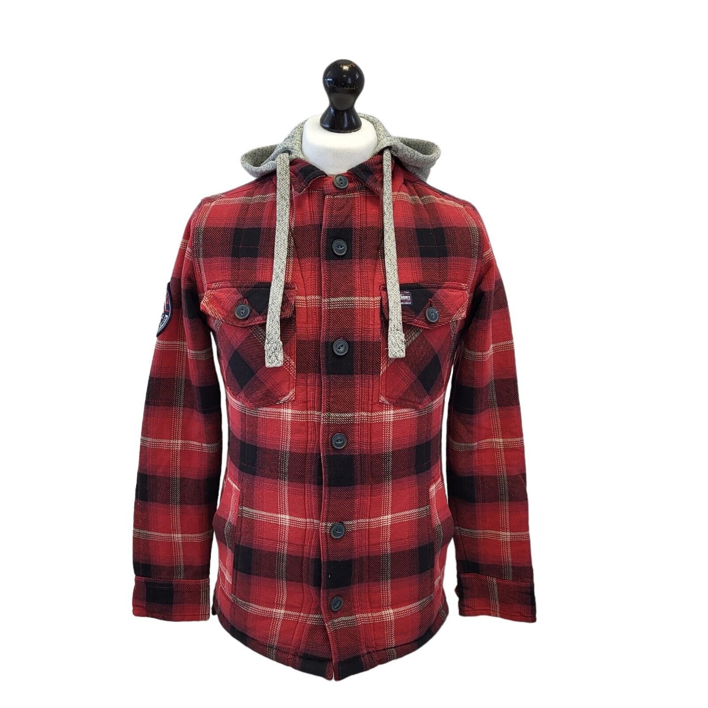 Superdry Red Black Check Zip & Button Hooded Jacket Uk Men's Small G508