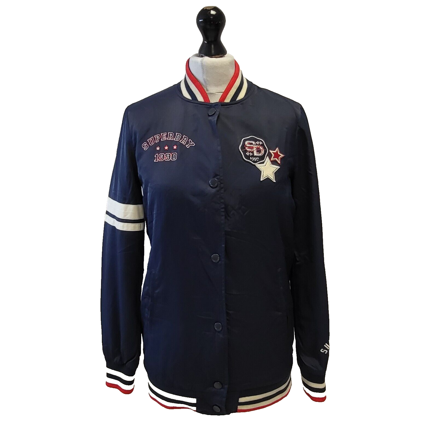 Superdry 1990 Snap Fasten Navy Blue Varsity Jacket Uk Women's 6 G701