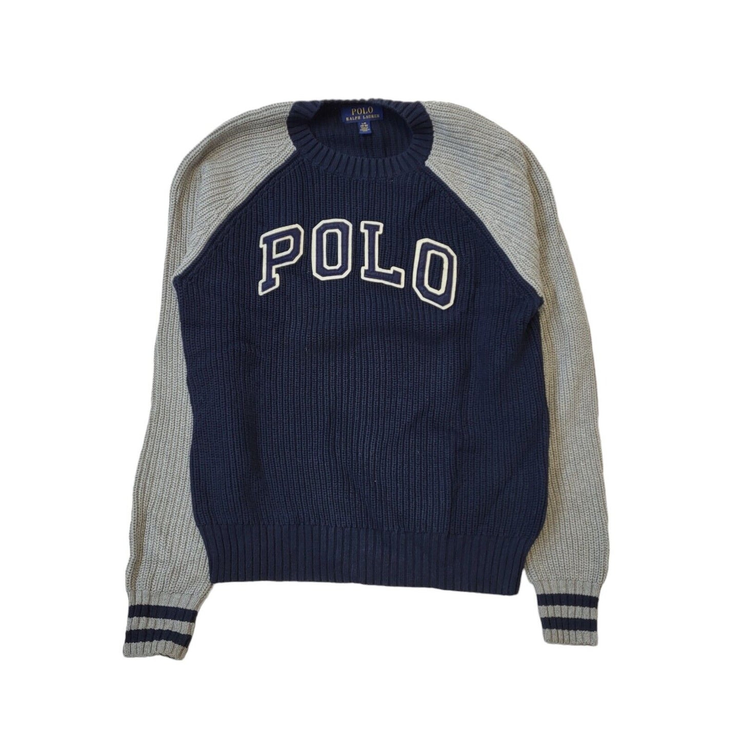 Polo Lauren Navy Grey Spell Out Knit Jumper Women's UK L 12 EU 40 H144