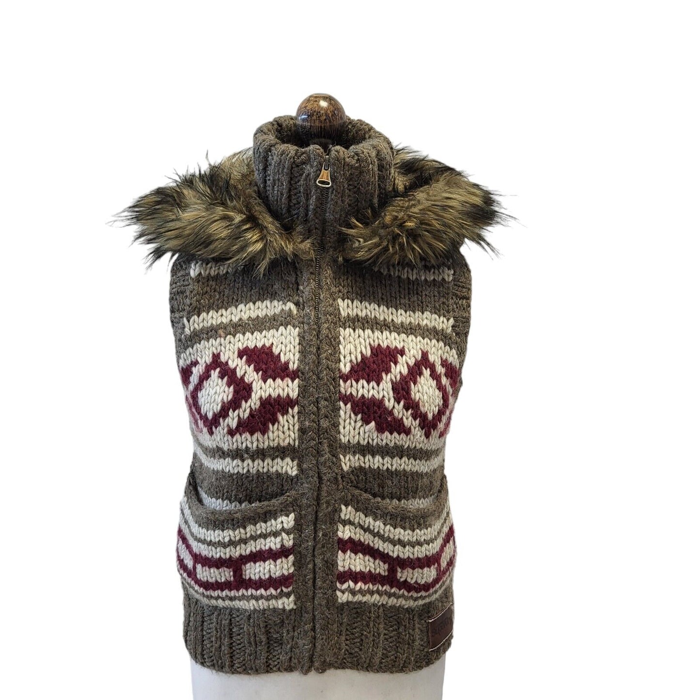 Superdry Gilet Full Zip Fur Trim Hooded Brown& Maroon Uk Women's Small G382