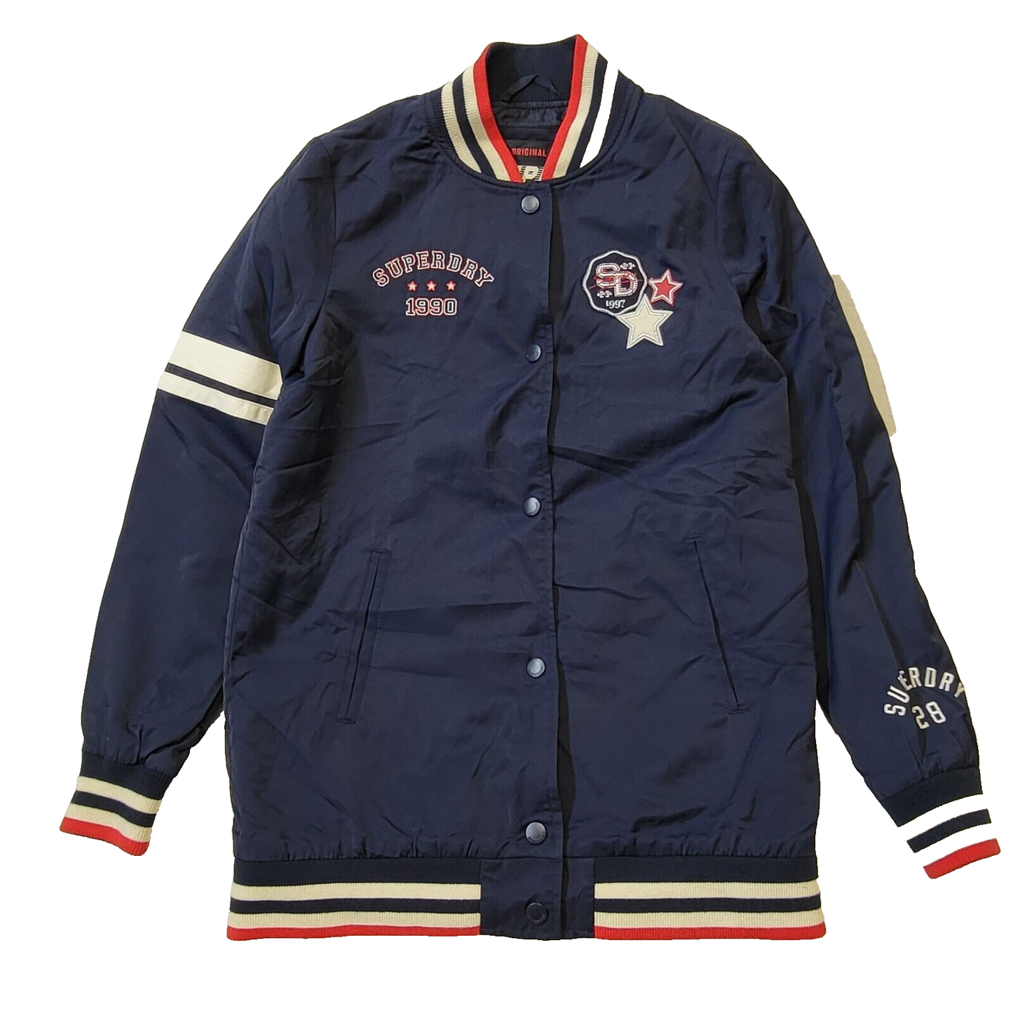 Superdry 1990 Snap Fasten Navy Blue Varsity Jacket Uk Women's 6 G701