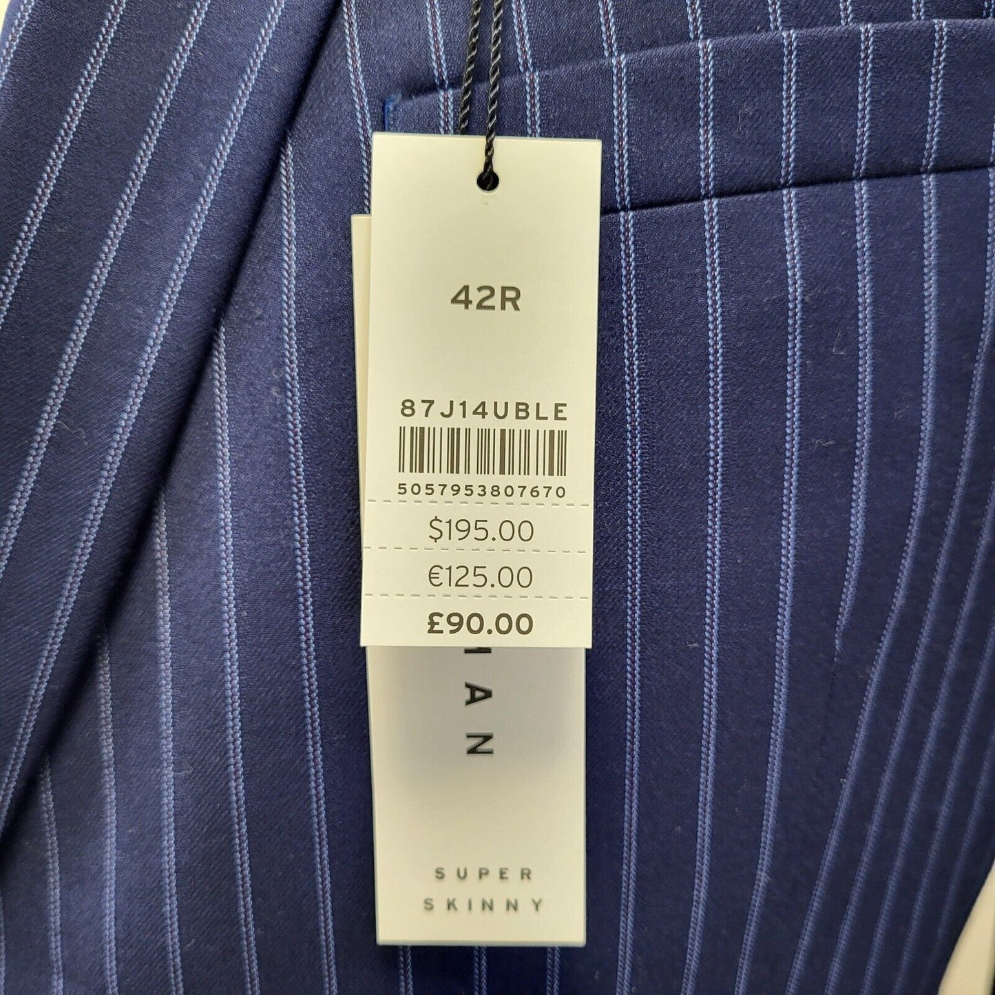 Topman Blue Striped Skinny Suit Jacket & Trousers Uk Men's L 42" W36 L32 G274