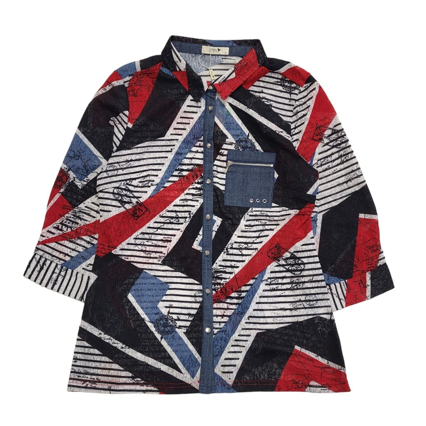 Eten Blue Red Button Up L/Sleeve Sheer Blouse Women's Shirt BNWT UK XL H384