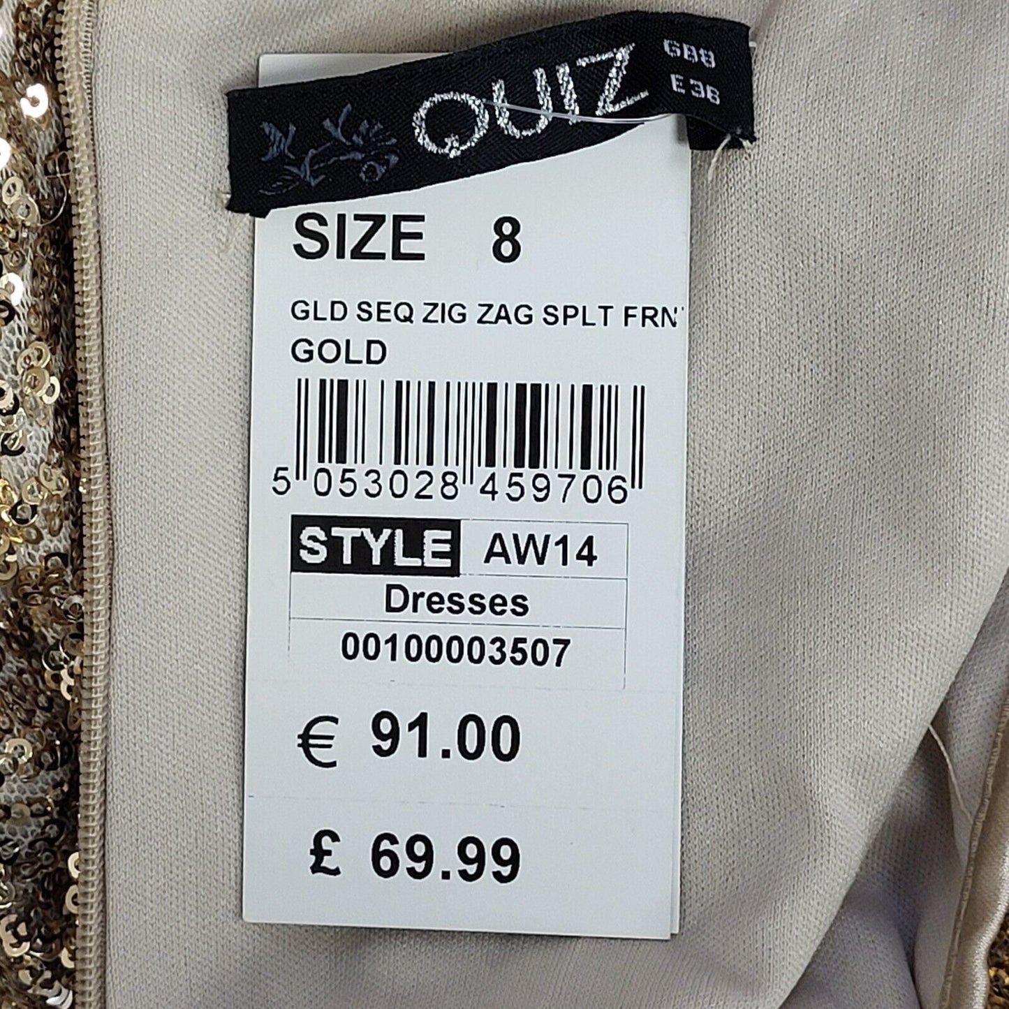 Quiz Gold Sequin Zig Zag Split Evening Formal Dress Women's UK 8 BNWT BB404