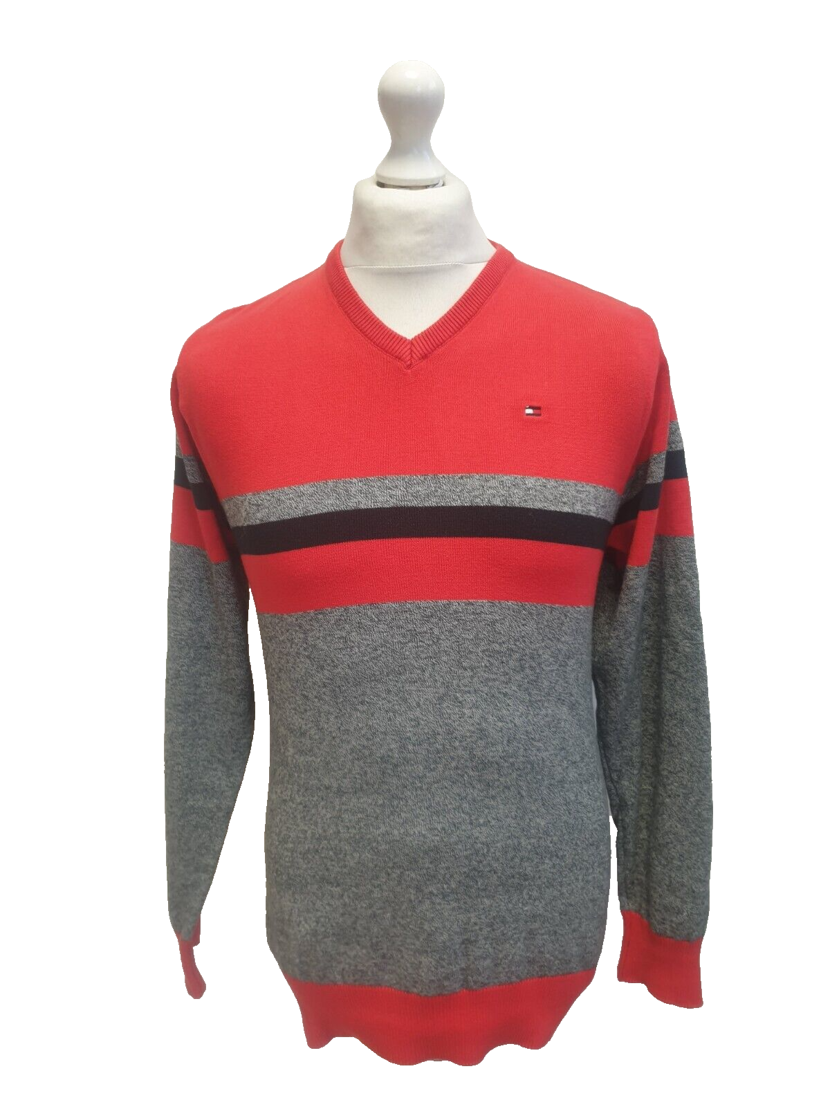 Tommy Hilfiger Red Grey V-Neck Cotton Jumper Men's UK M EU 50 G860