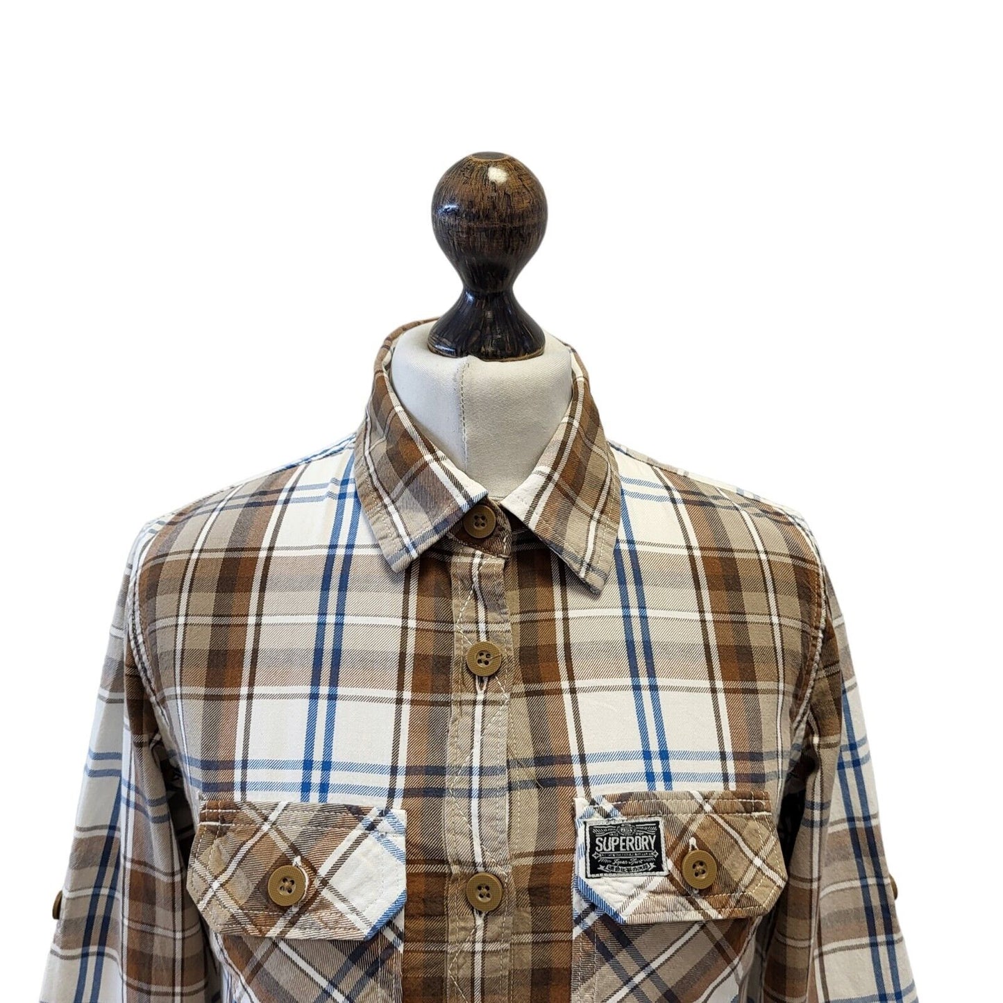Superdry Brown White Check Long Sleeve Casual Shirt Uk Women's S Eu 36 G278
