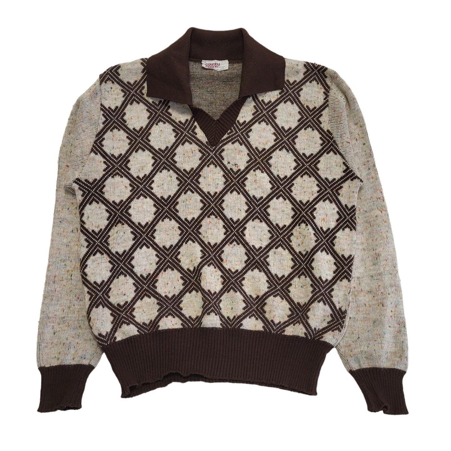 Vintage County Magna Brown Collared Speckled Knit Jumper Women's UK 14-16 H232