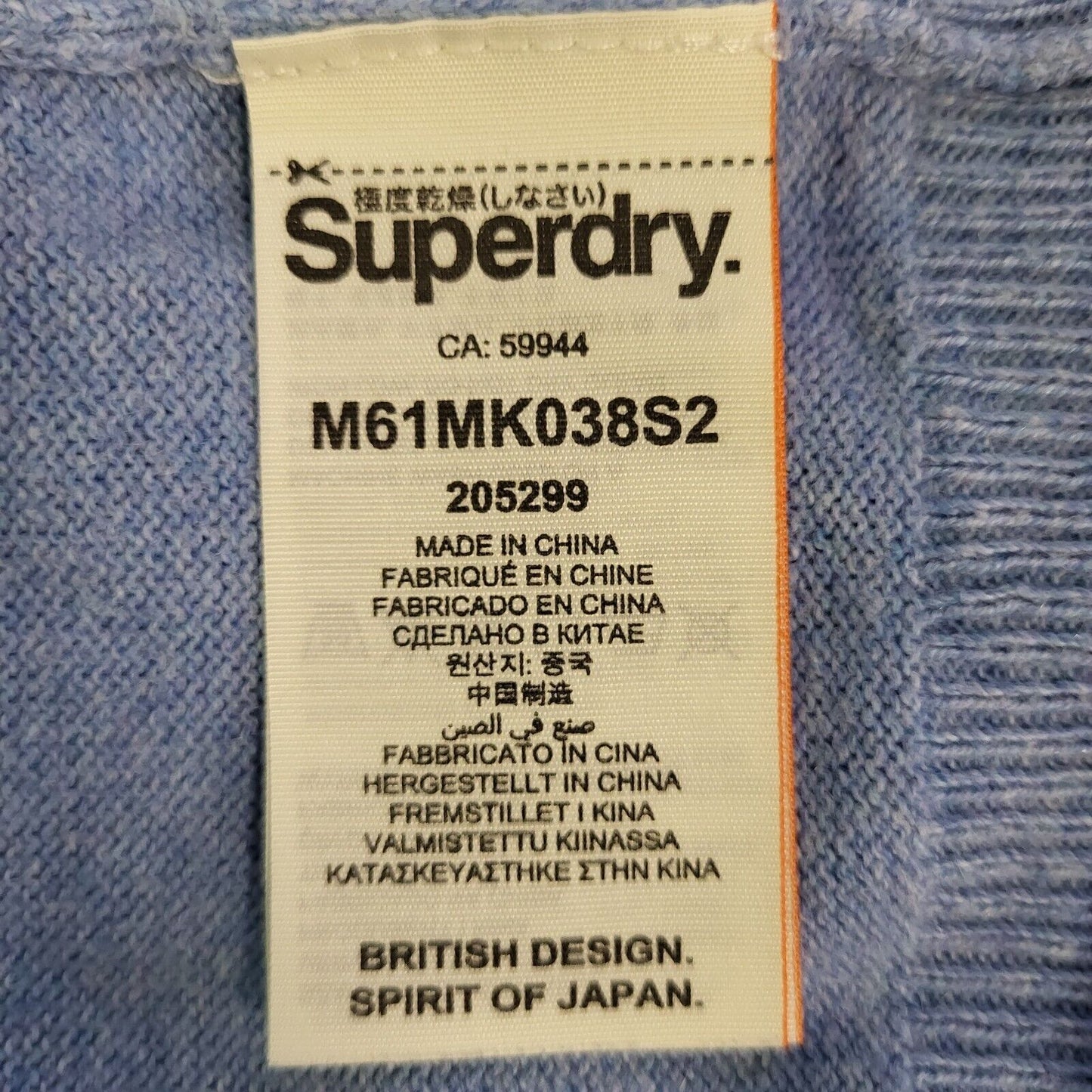 Superdry Blue Thin Knit V-Neck Cotton Cashmere Jumper uk Men's Medium H744