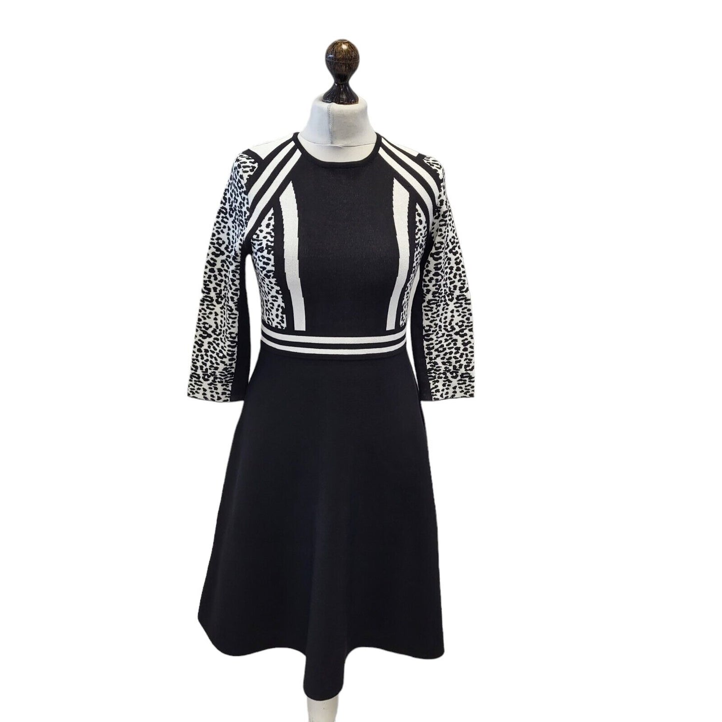 Karen Millen Black White 3/4 Sleeve Round Neck Dress Uk Women's M G610