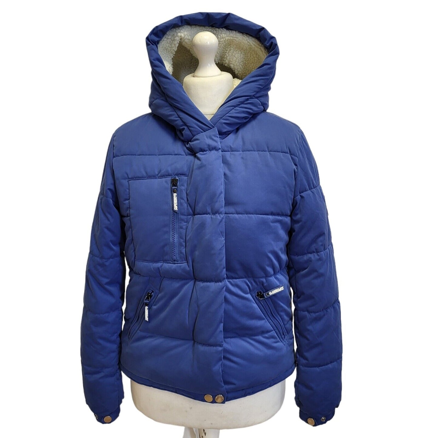 Superdry Blue Fleece Lined Hooded Jacket Uk Women's 10 Eu 38 G28