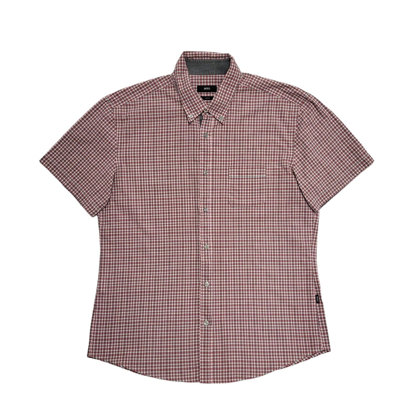 Hugo Boss Pink Grey Check Slim Short Sleeve Shirt Uk Men's XL BB383