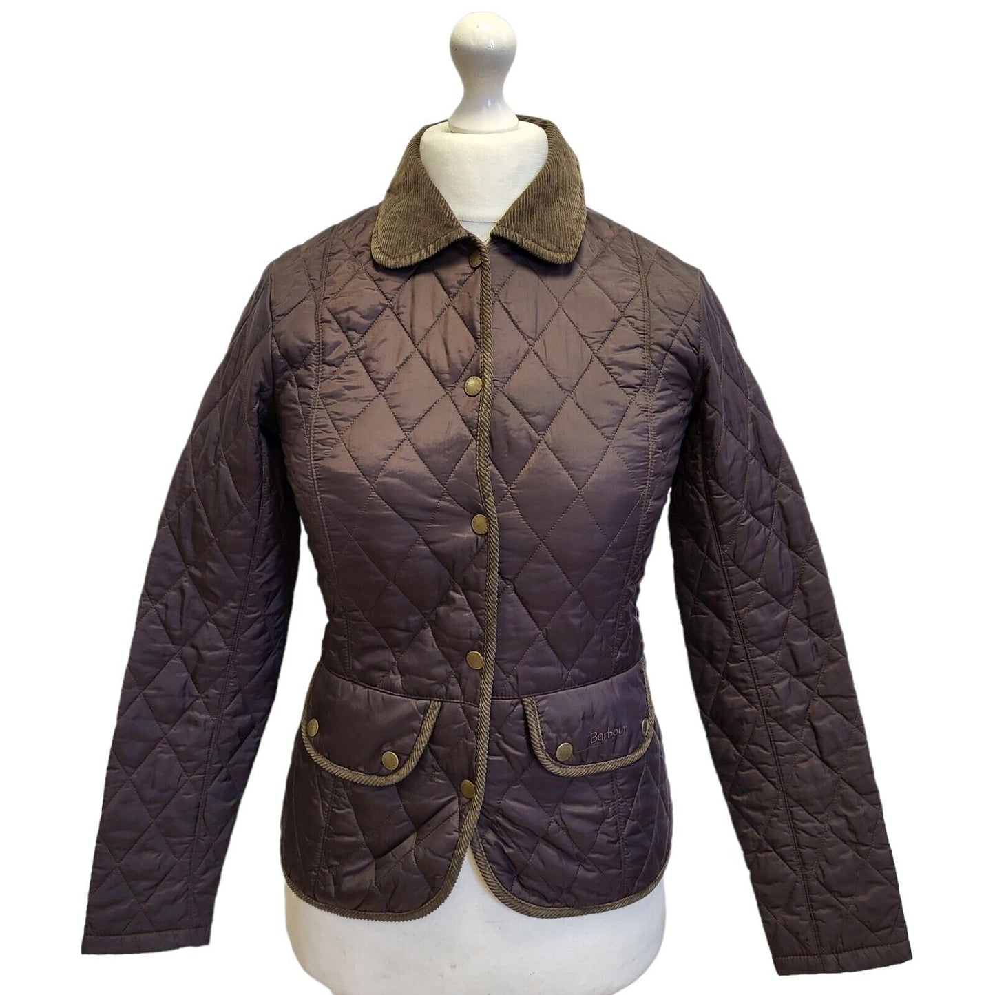 Barbour Vintage Quilt Brown Snap Fasten Jacket Uk Women's 8 Eu 36 G14