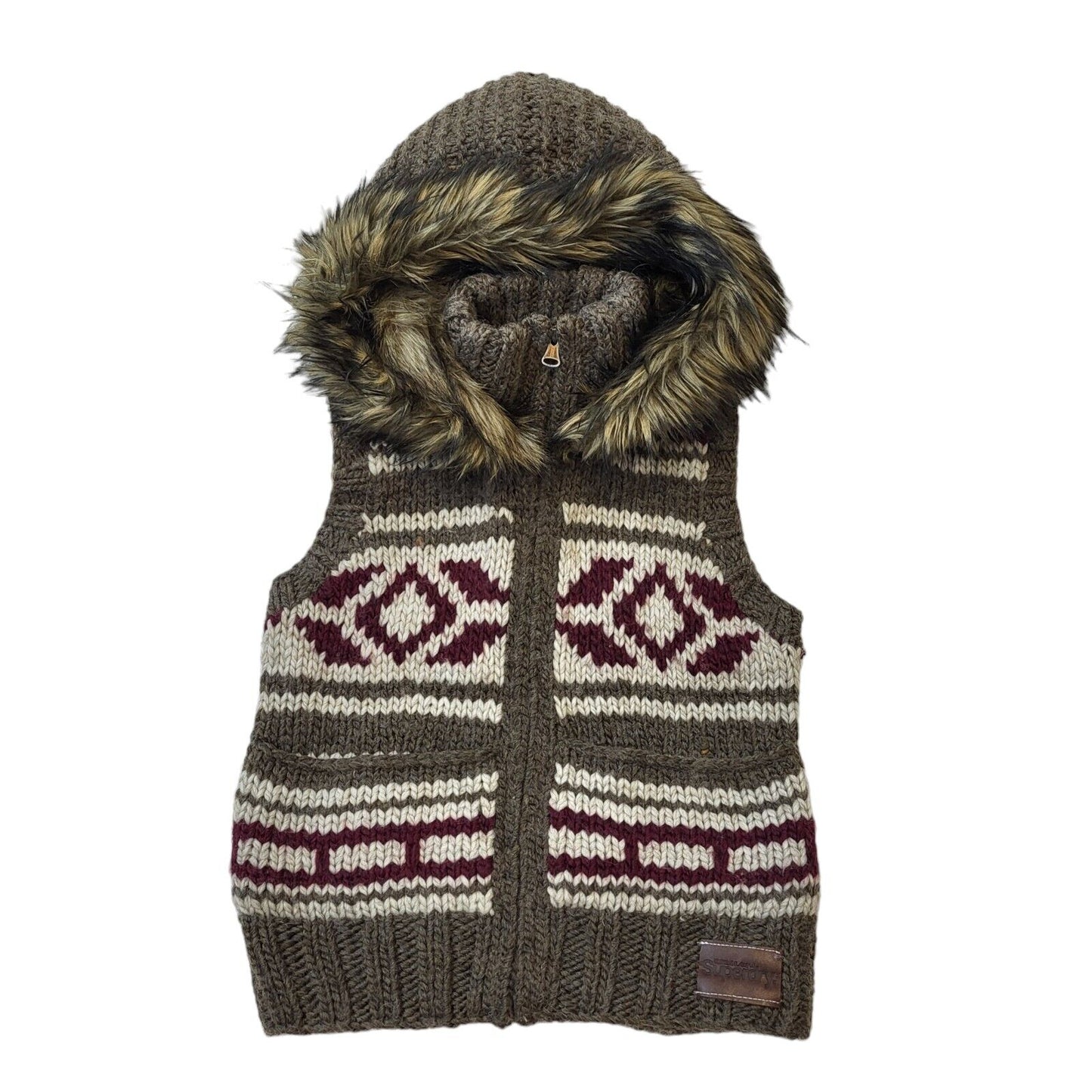 Superdry Gilet Full Zip Fur Trim Hooded Brown& Maroon Uk Women's Small G382