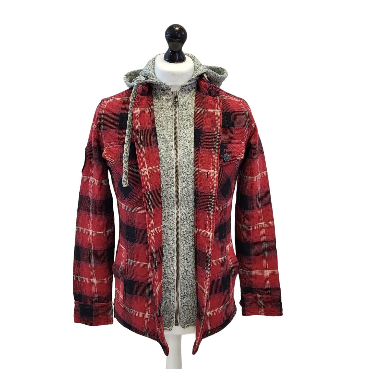 Superdry Red Black Check Zip & Button Hooded Jacket Uk Men's Small G508