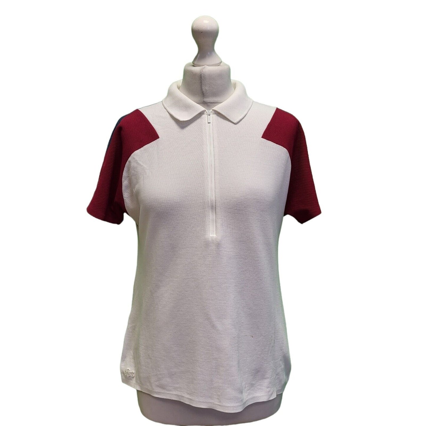 Lacoste White Maroon Short Sleeve Polo Shirt Women's UK L 12-14 H678