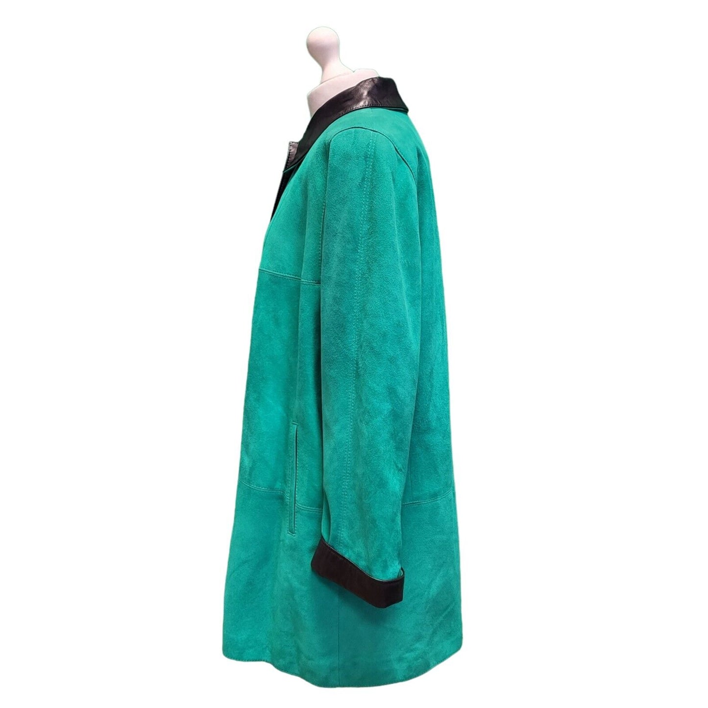 Caroline Moore Green Black Trim Suede Leather Coat Mac Women's uk 12 H390