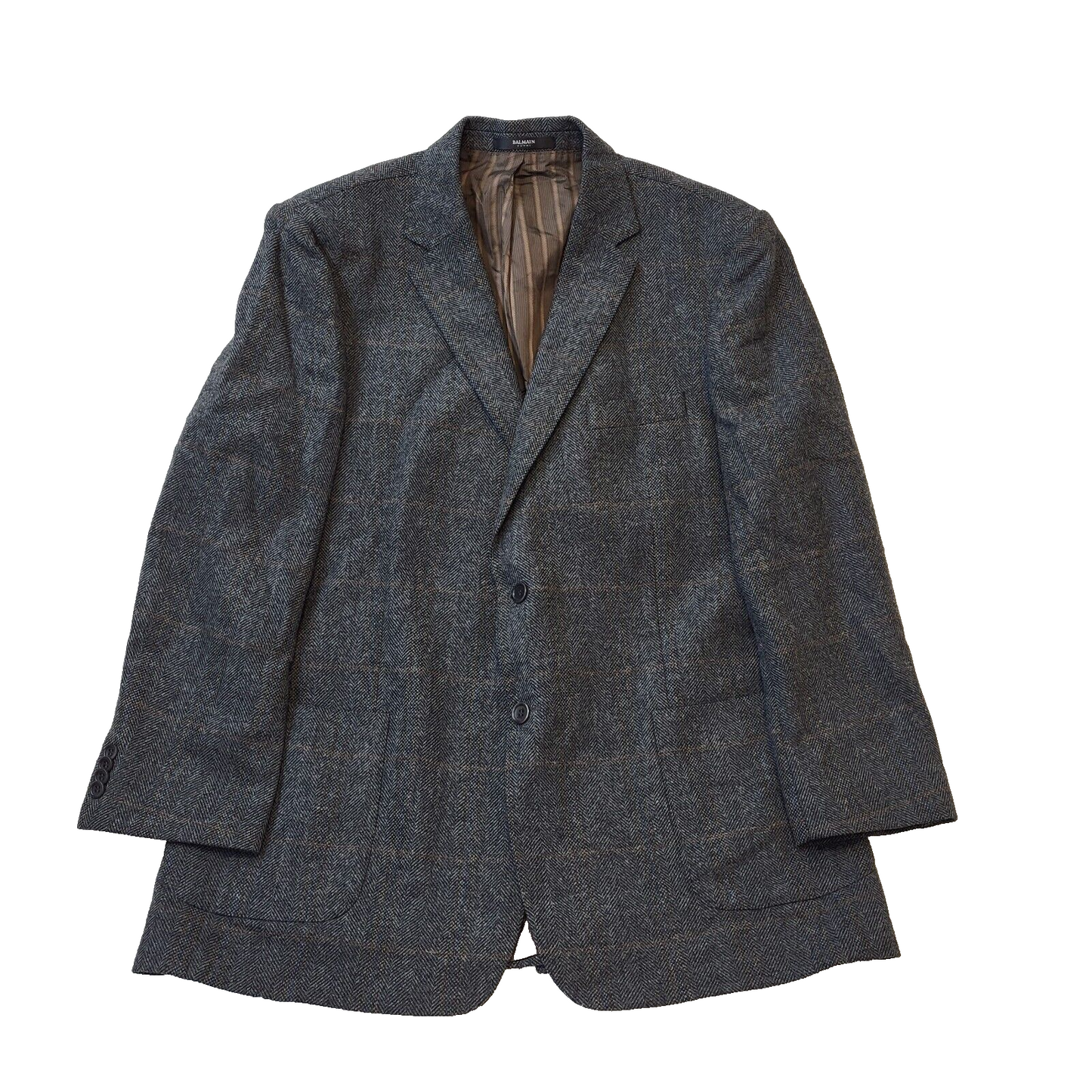 Balmain Brown Grey Check Wool Collared Suit Blazer Jacket Men's uk XL H84