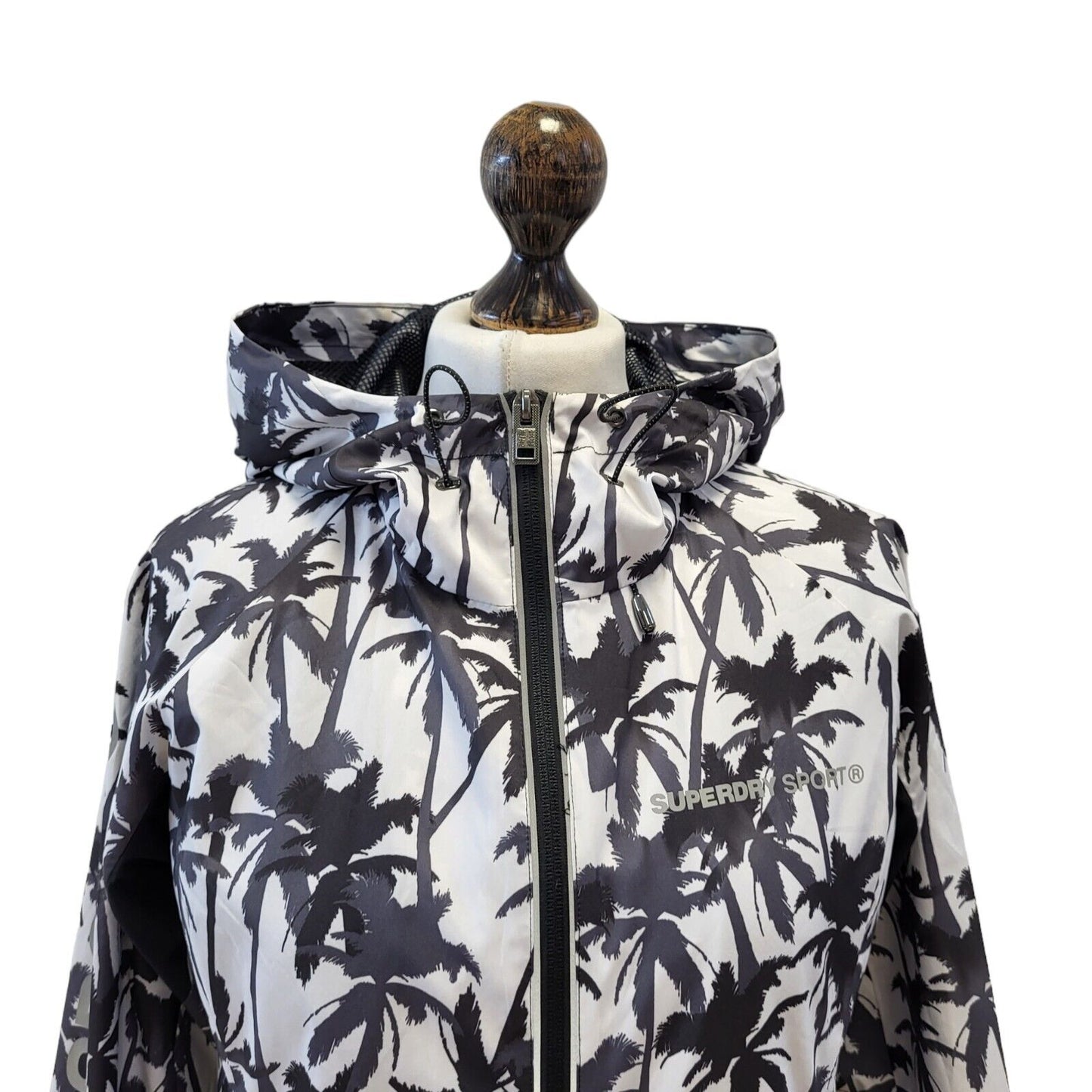 Superdry Zipped Hooded Sport Jacket Black White Palm Tree Womens UK M G353