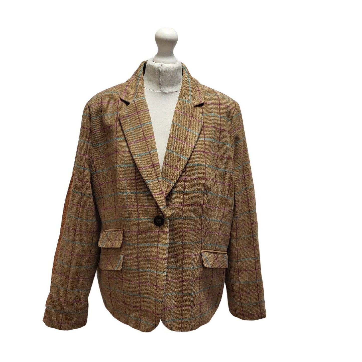 Country Rose Brown Blue Check Wool Suit Blazer Jacket UK Women's 18 BB370