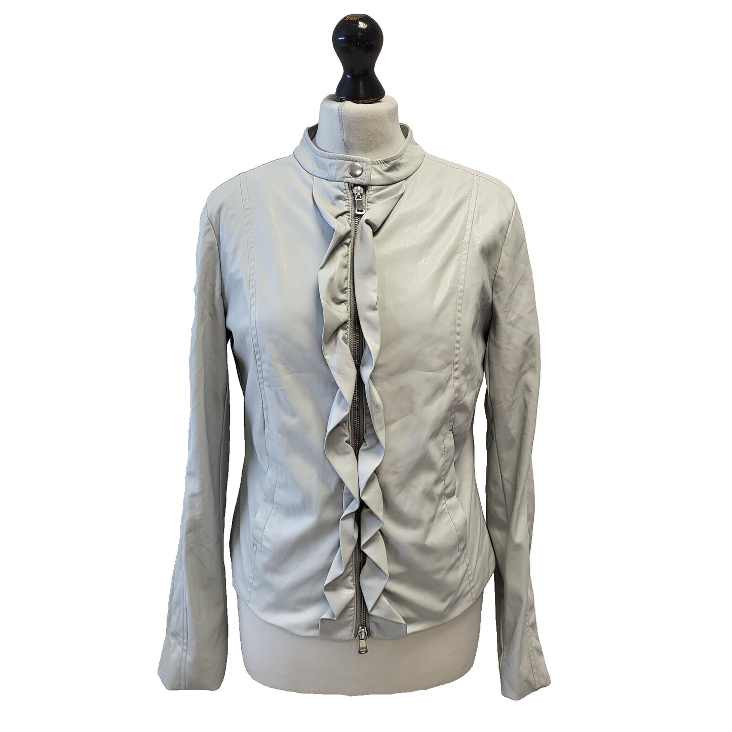 Sisley Light Blue Ruffle Faux Leather Jacket Uk Women's 12 G700