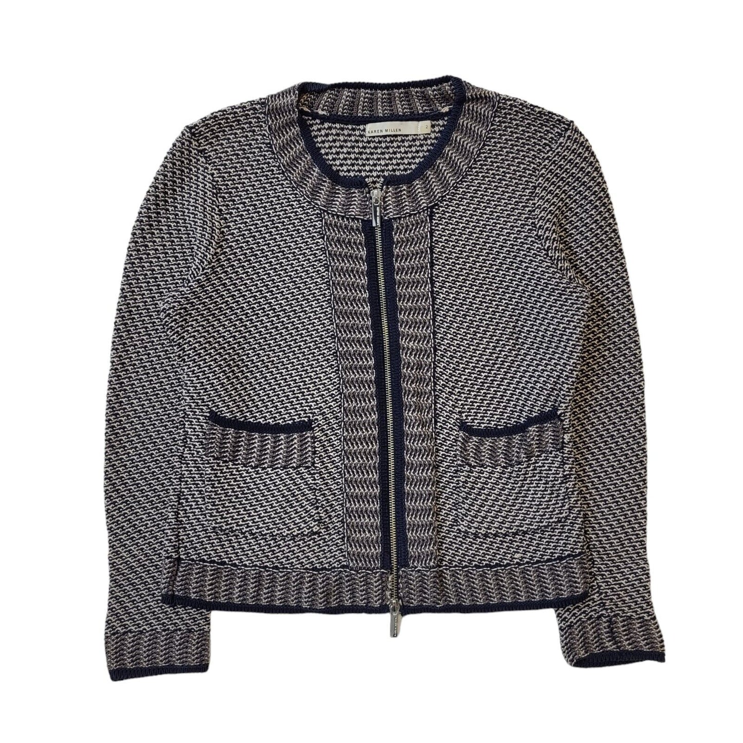Karen Millen Blue White Zipped Knitted Cardigan Jacket Women's uk S eu 36 H173