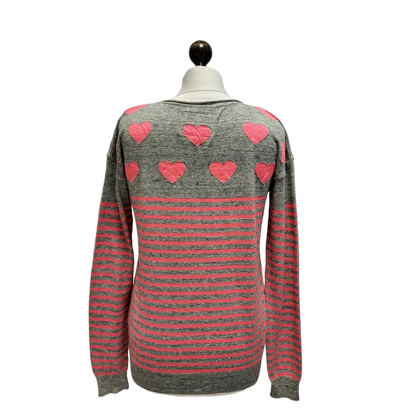Superdry Jumper Pink Grey Striped Heart Print Uk Women's Size S G392