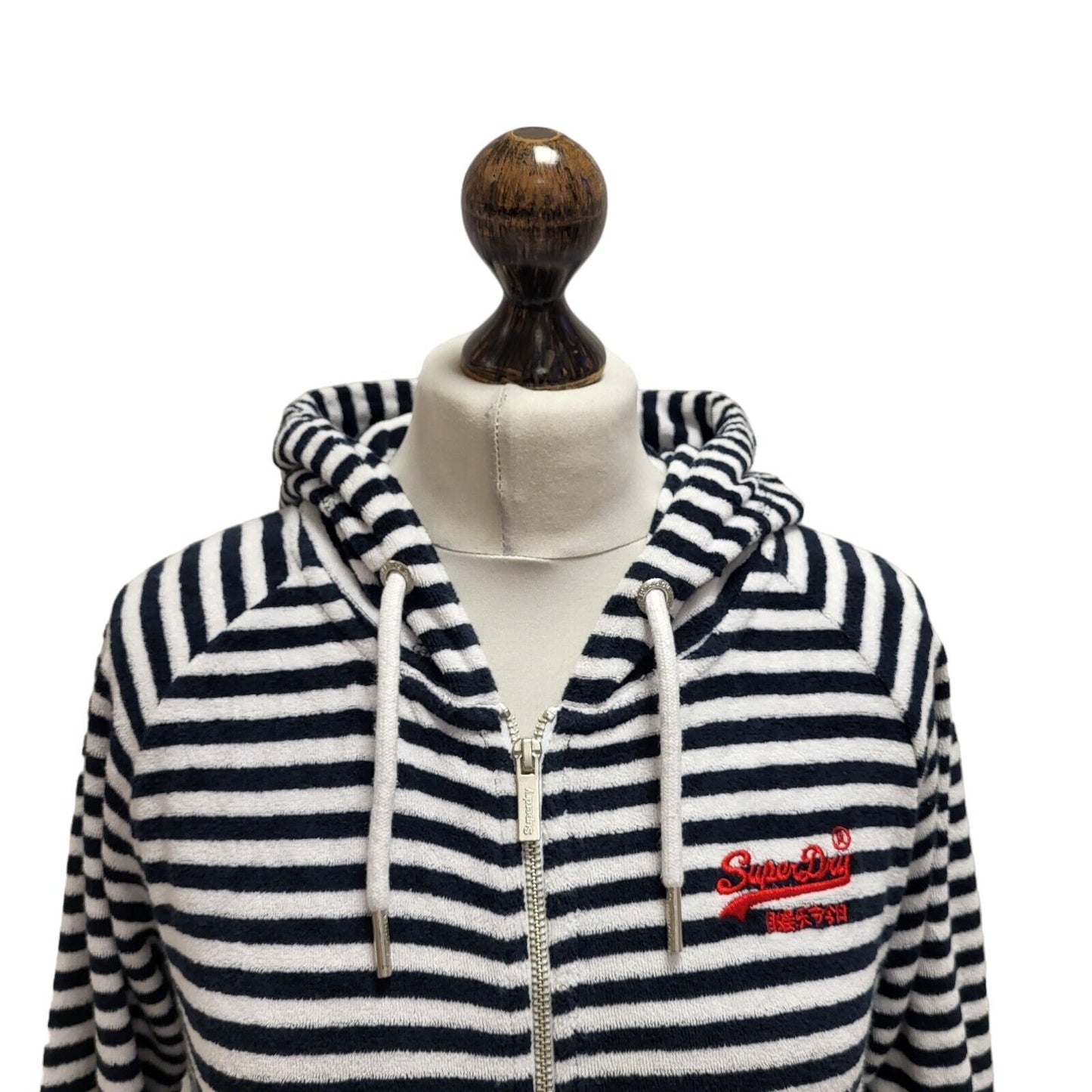 Superdry Hoodie Full Zip Blue White Striped Uk Women's Size 12 G418