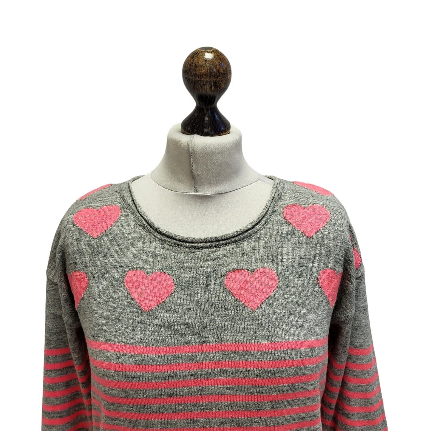 Superdry Jumper Pink Grey Striped Heart Print Uk Women's Size S G392