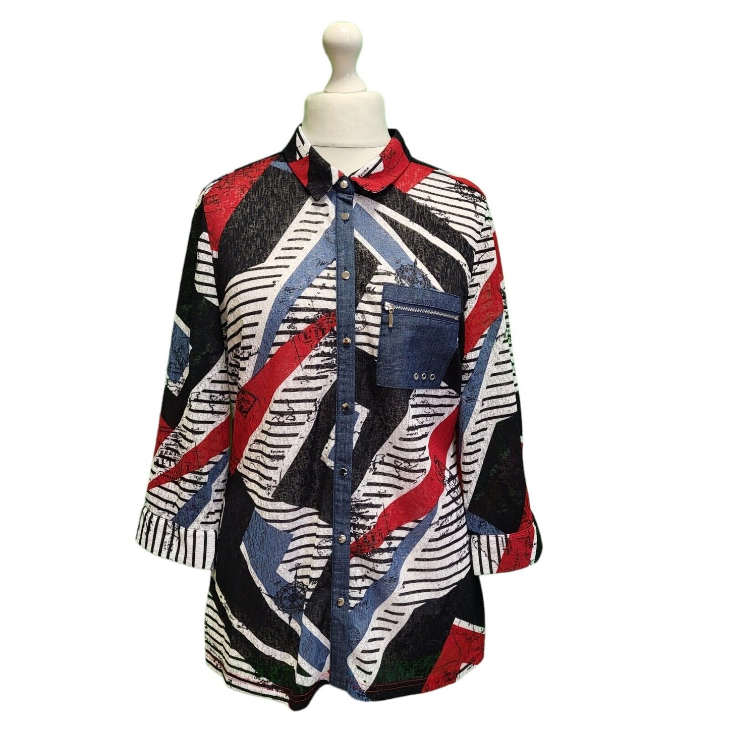Eten Blue Red Button Up L/Sleeve Sheer Blouse Women's Shirt BNWT UK XL H384
