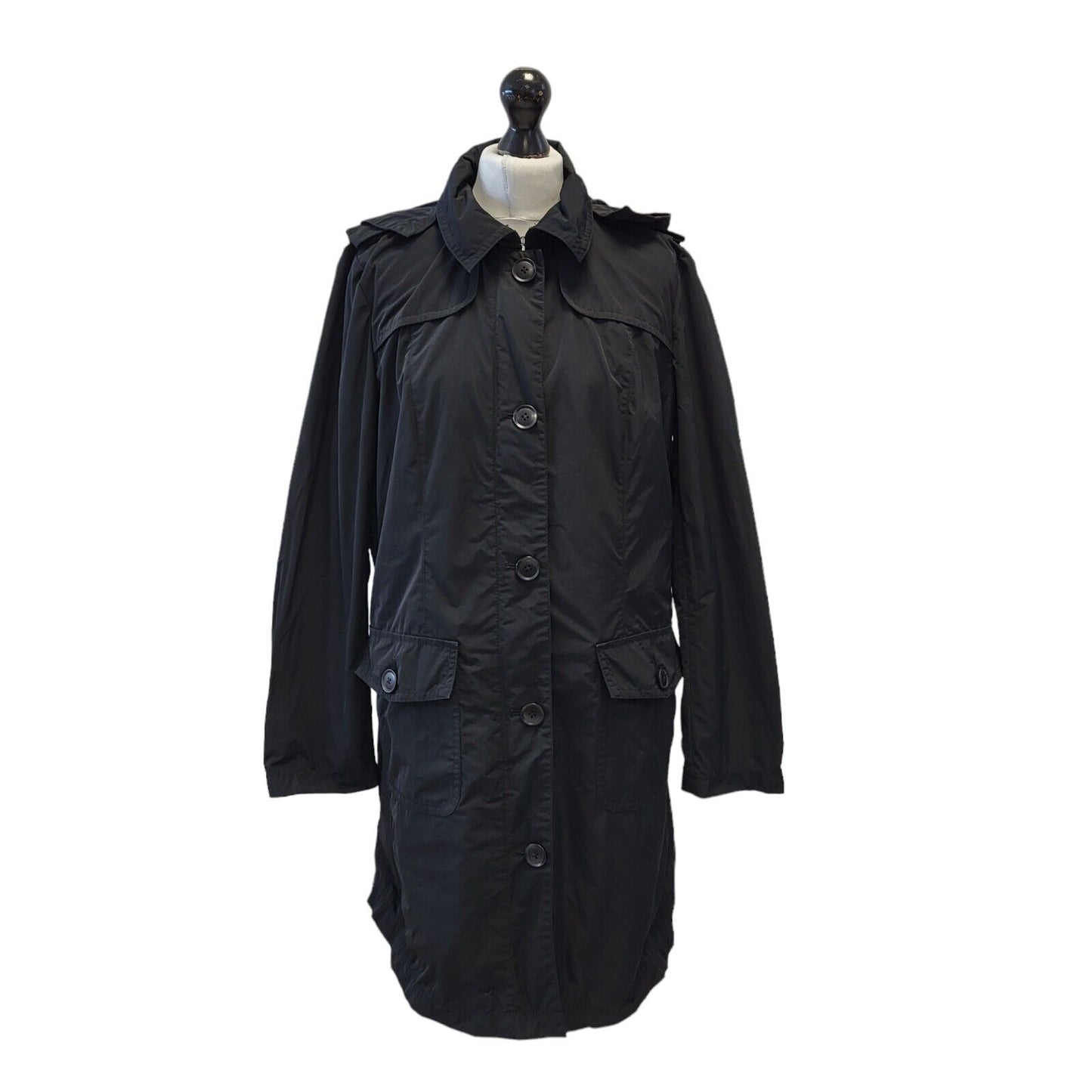 Jigsaw Black Zip & Button Lightweight Hooded Coat UK Women's Large G667