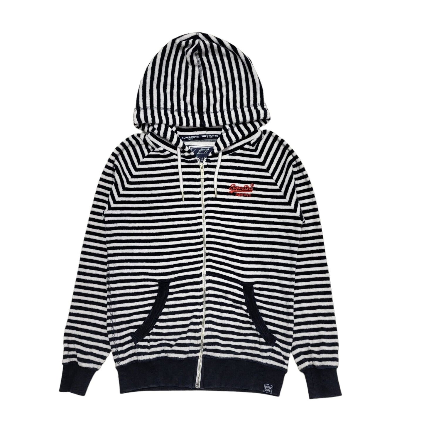 Superdry Hoodie Full Zip Blue White Striped Uk Women's Size 12 G418