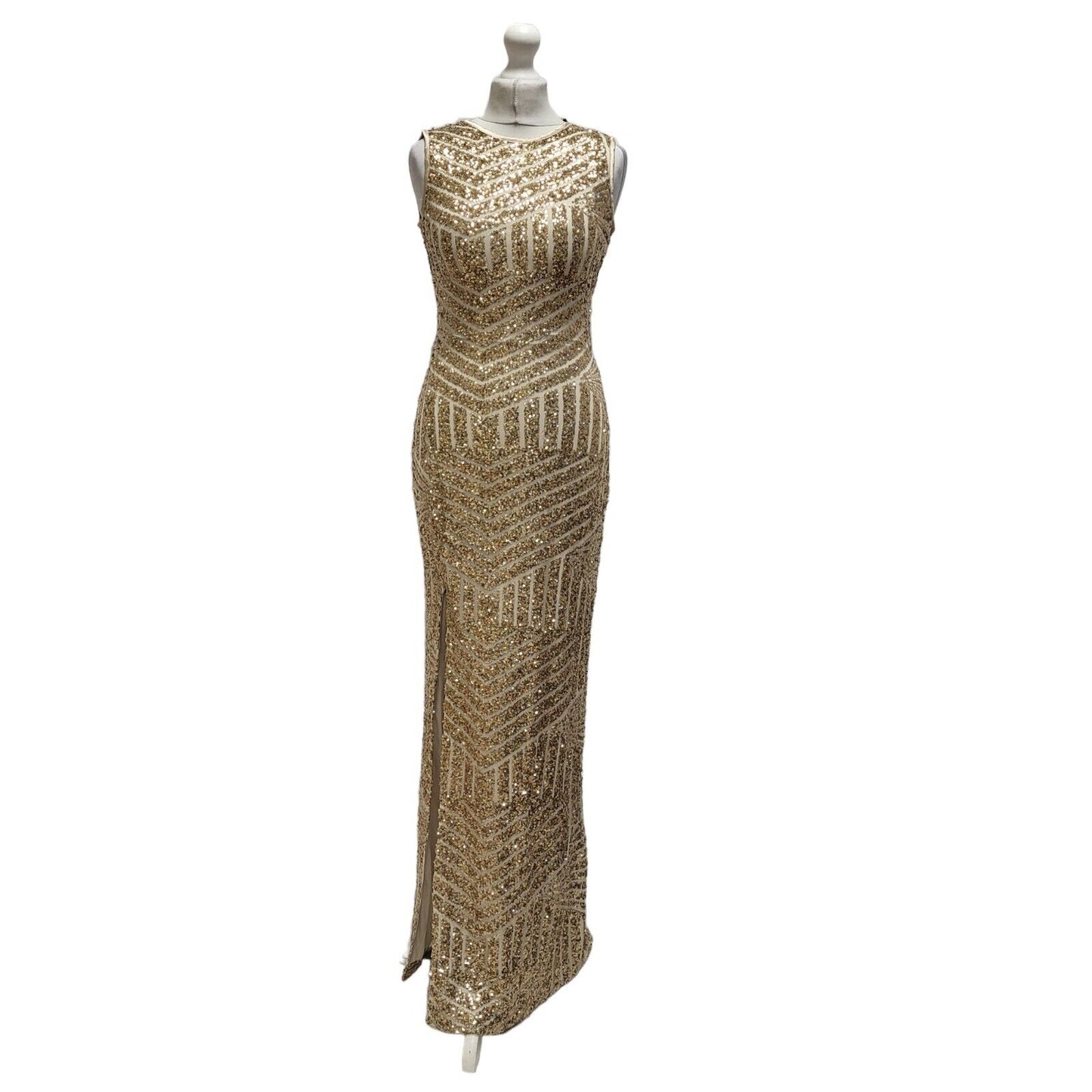 Quiz Gold Sequin Zig Zag Split Evening Formal Dress Women's UK 8 BNWT BB404