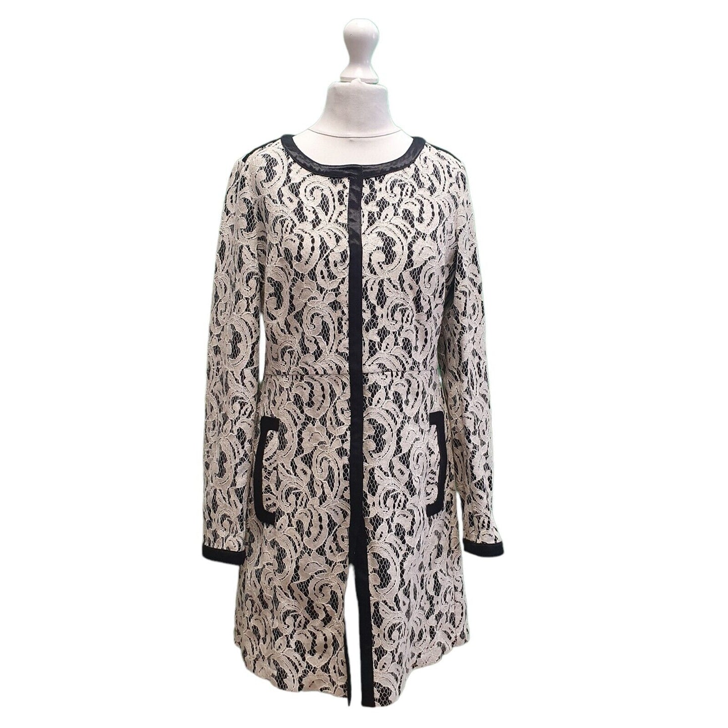 Rever Mile White Black Snap Long Dress Jacket Women's uk M 10 G808