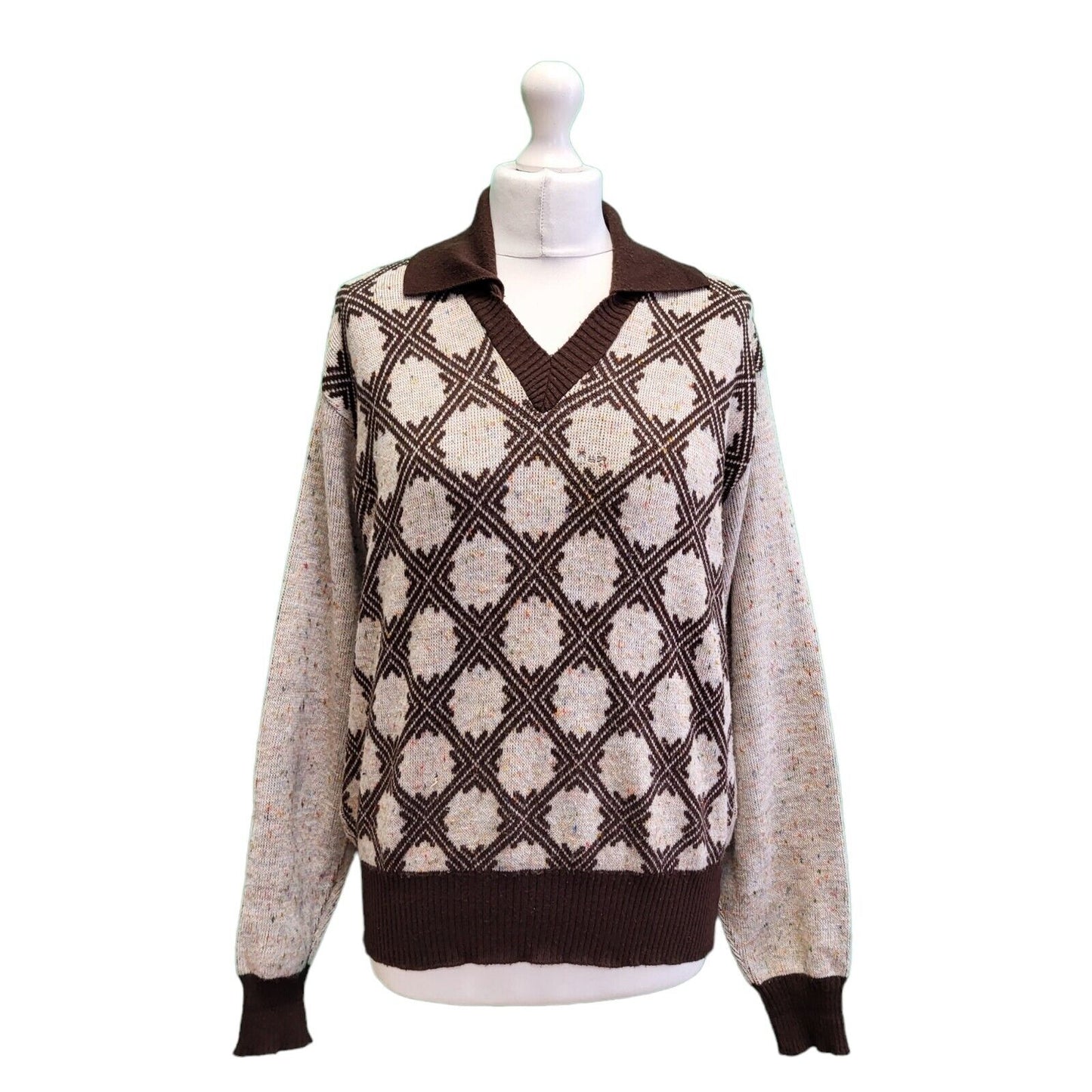 Vintage County Magna Brown Collared Speckled Knit Jumper Women's UK 14-16 H232