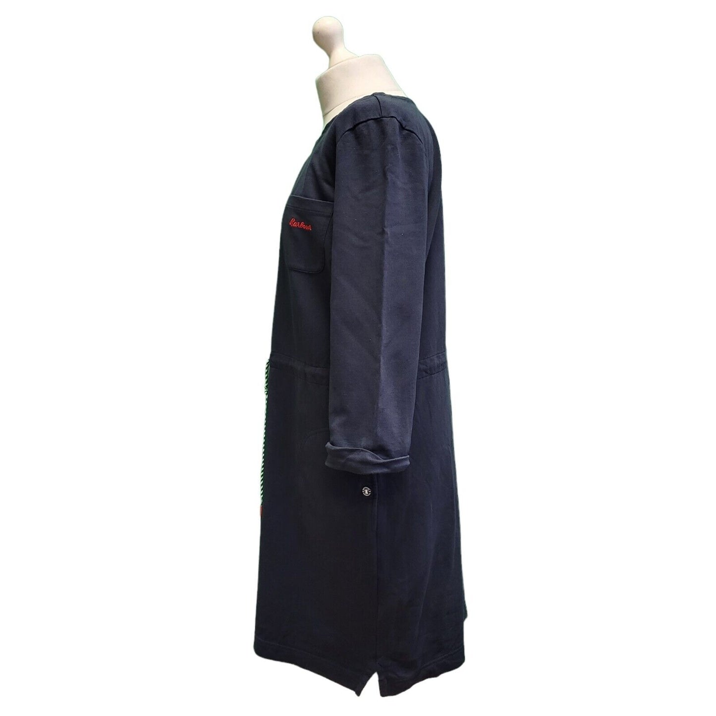 Vintage Barbour Navy Blue 3/4 Sleeve Drawstring Cotton Dress Women's L 12 H119