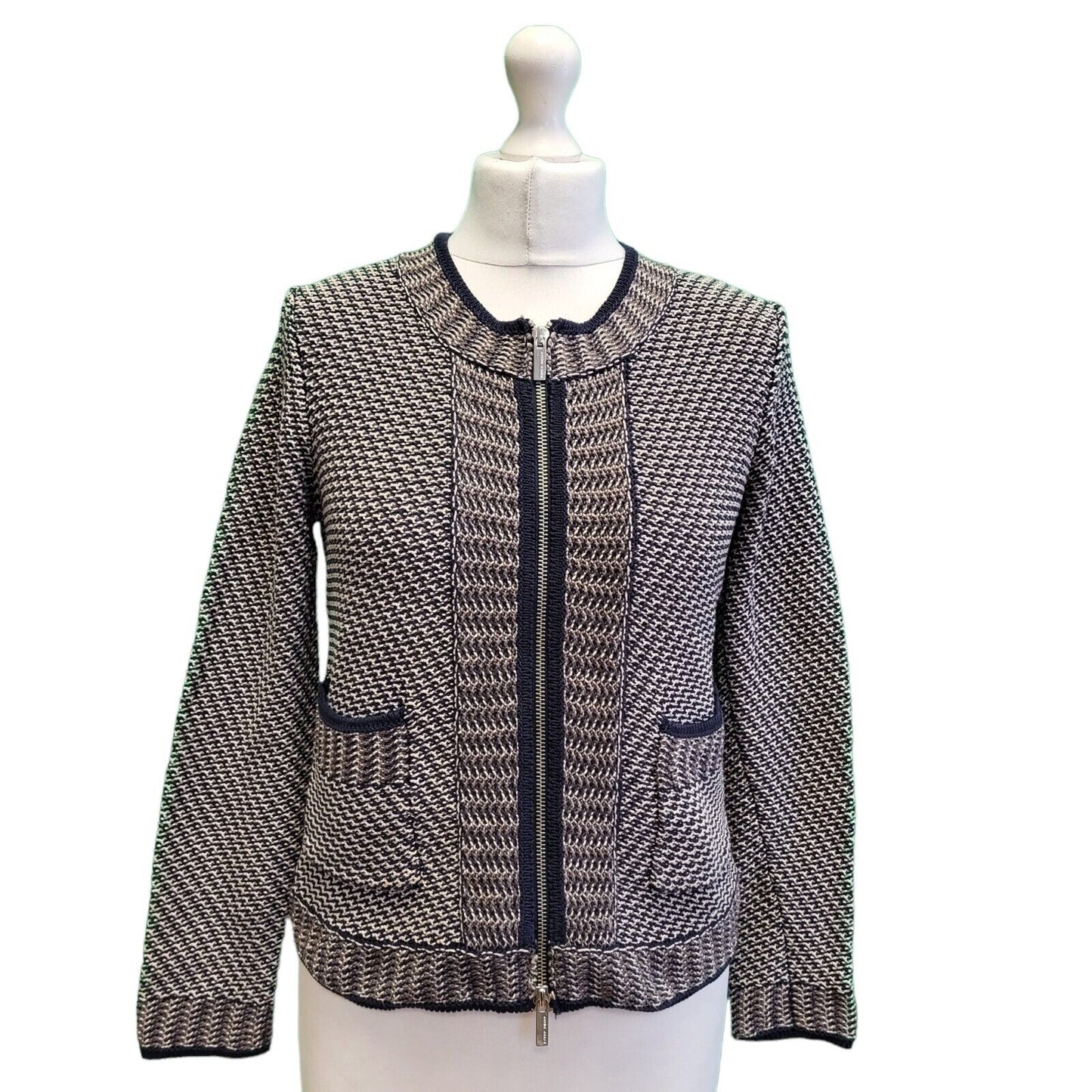 Karen Millen Blue White Zipped Knitted Cardigan Jacket Women's uk S eu 36 H173
