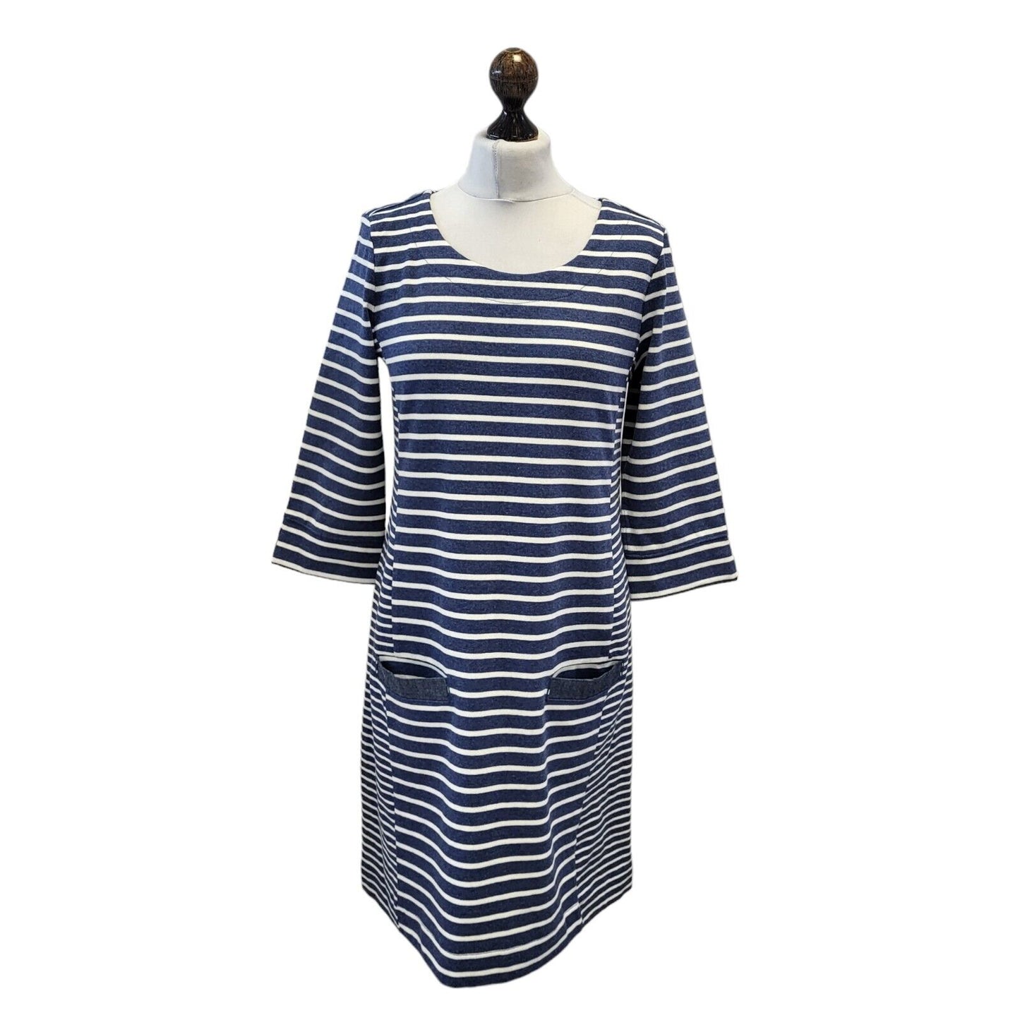 Joules Remy Blue White Striped 3/4 Sleeve Round Neck Dress Uk Women's 12 G612